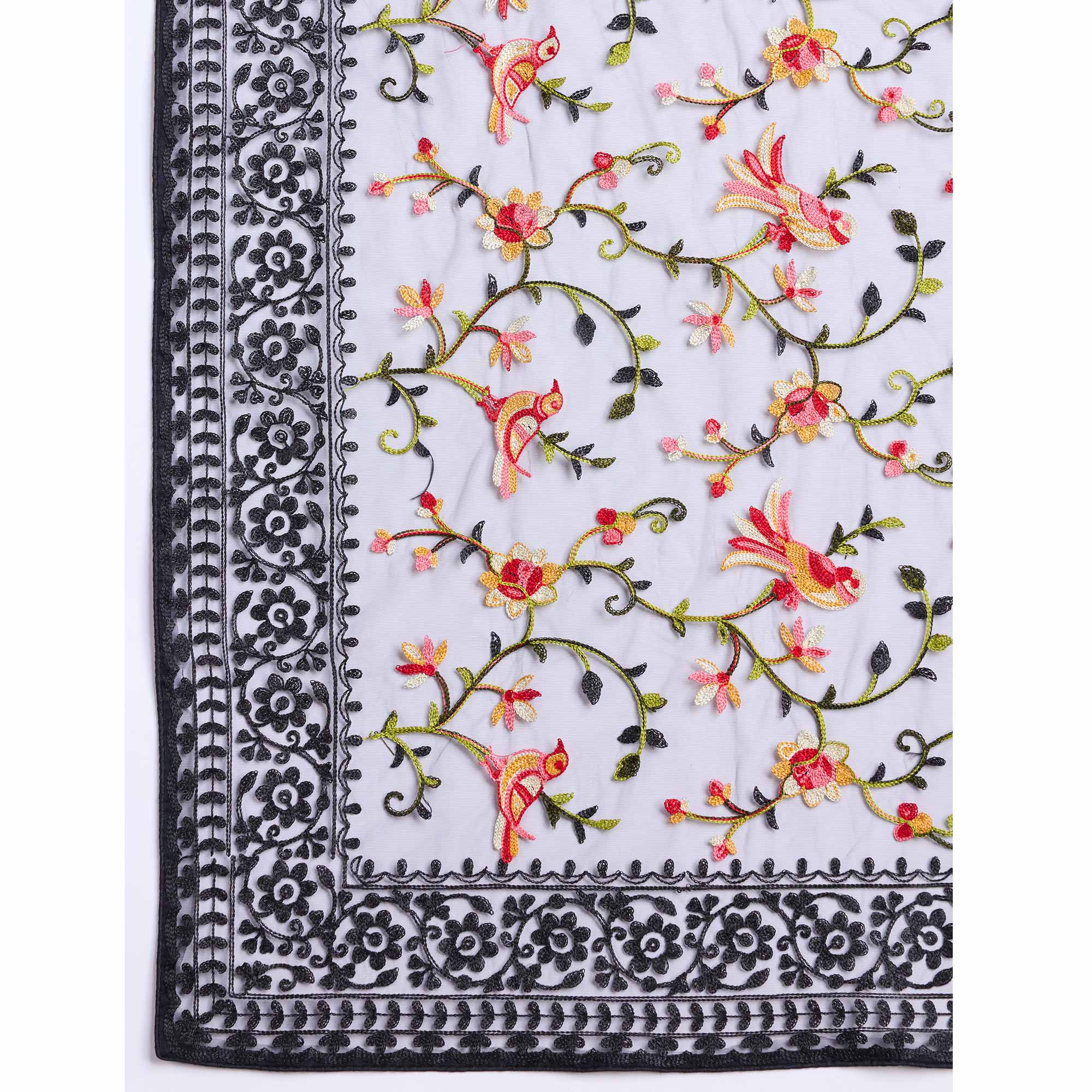 Black Floral Embroidered Net Saree