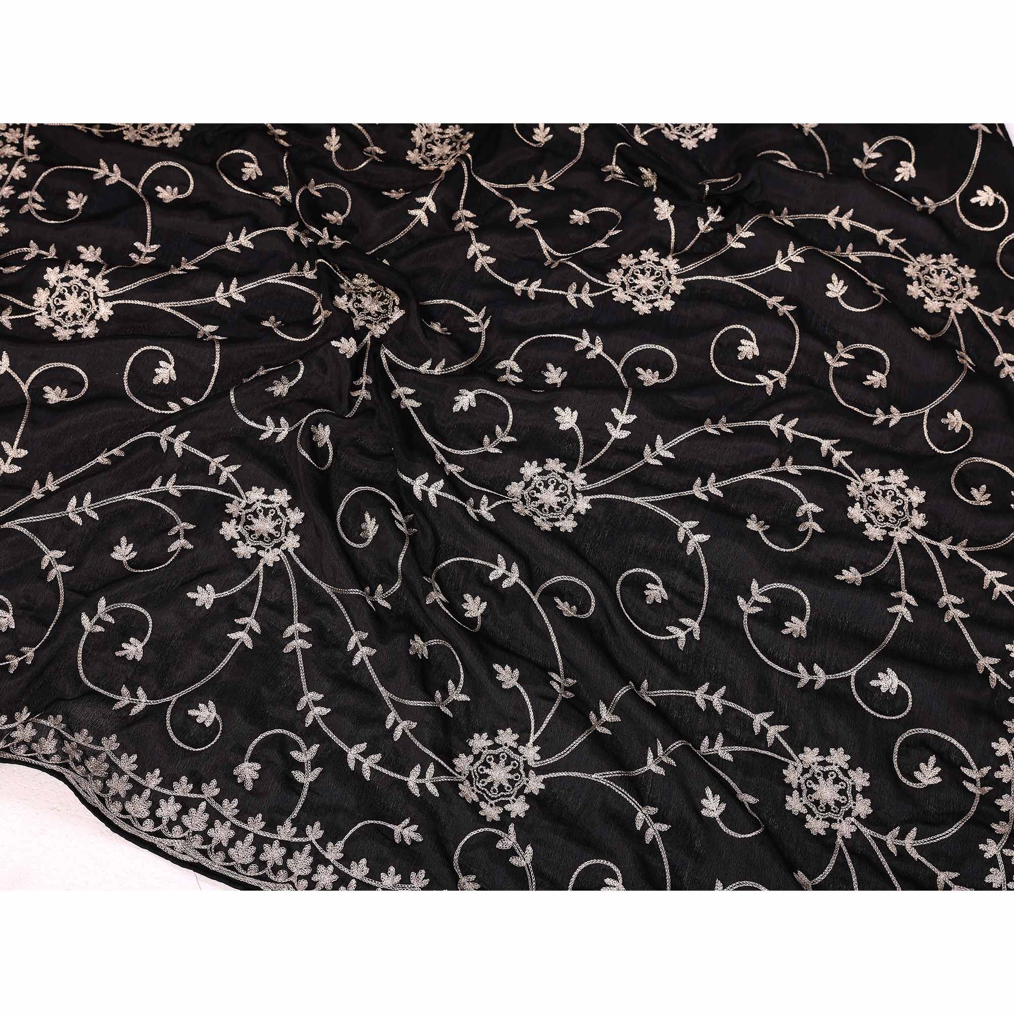 Black Chinon Silk Saree Adorned With Fine Floral Thread Work