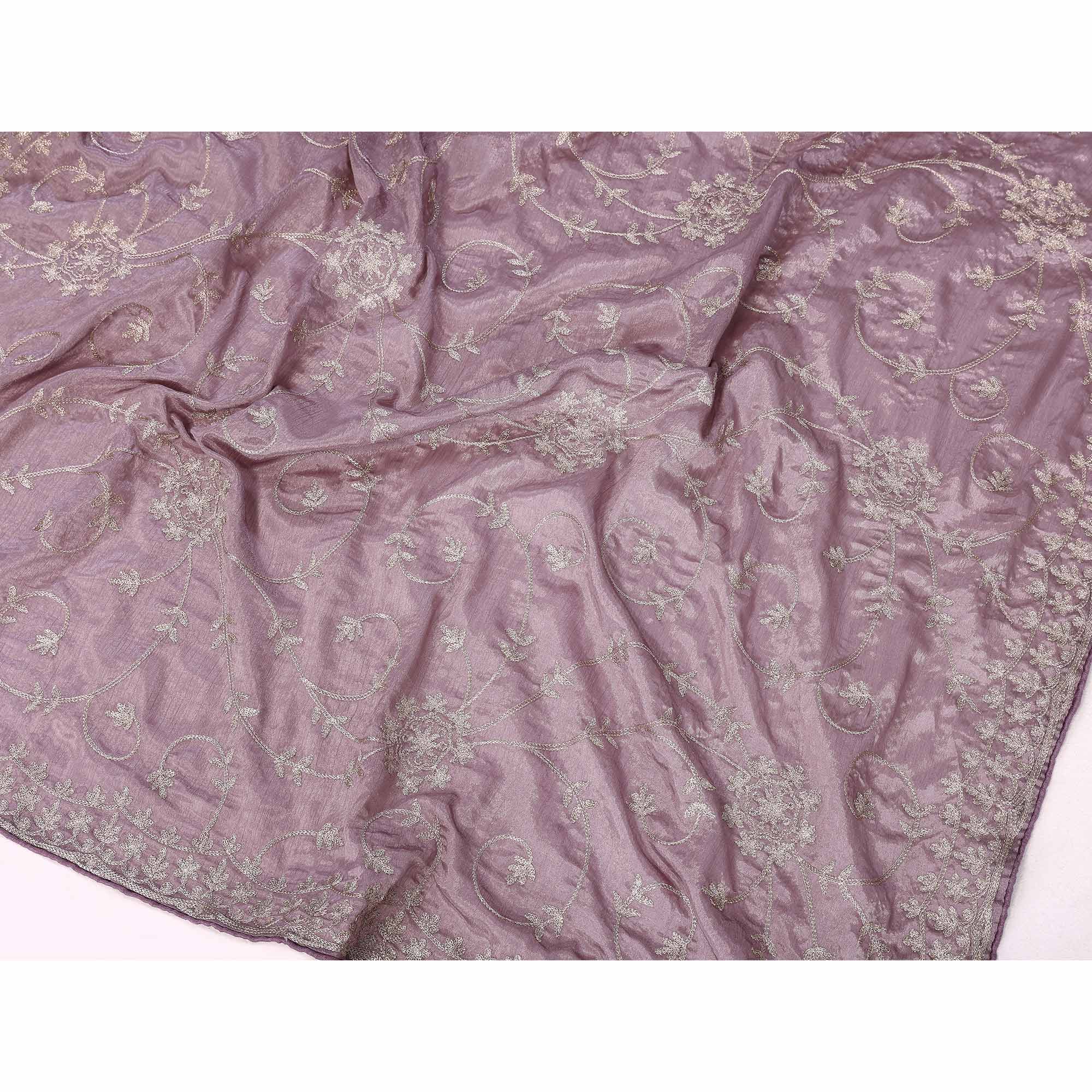 Lavender Chinon Silk Saree Adorned With Fine Floral Thread Work