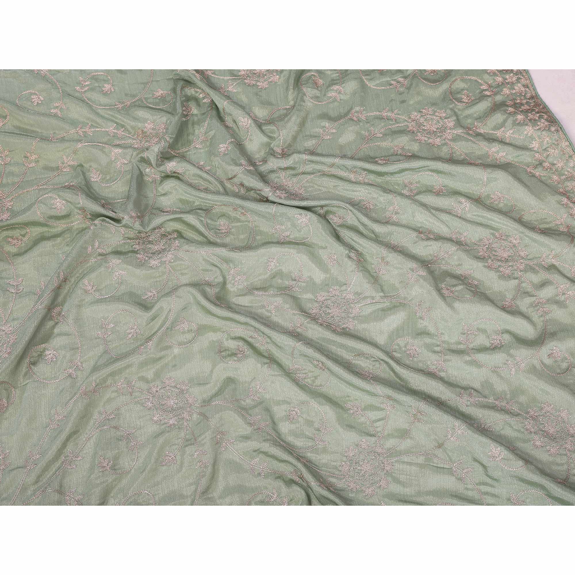 Sage Green Chinon Silk Saree Adorned With Fine Floral Thread Work