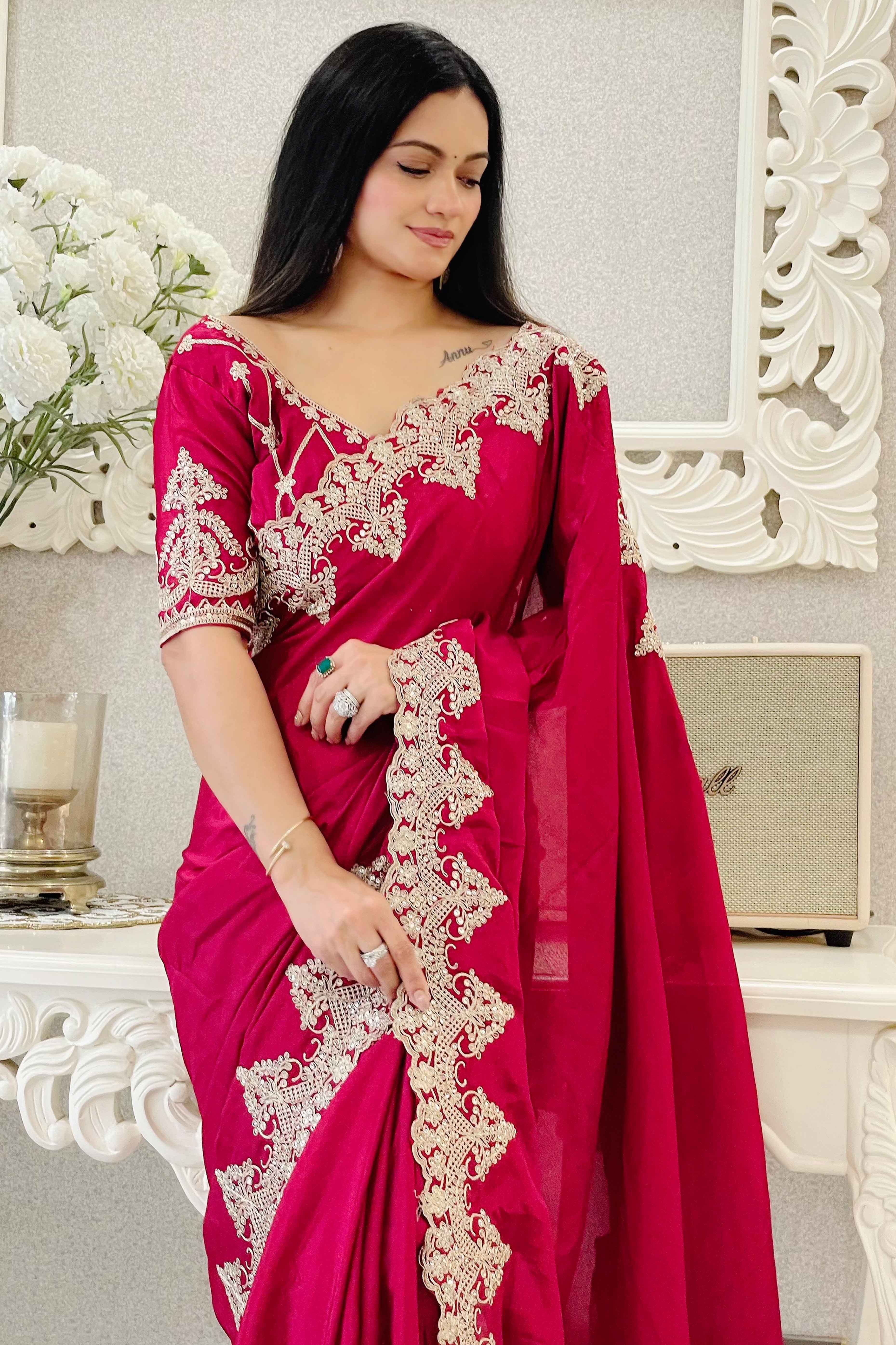 Pink Chinon Silk Blend Saree With Intricate Sequins & Cording Embroidery