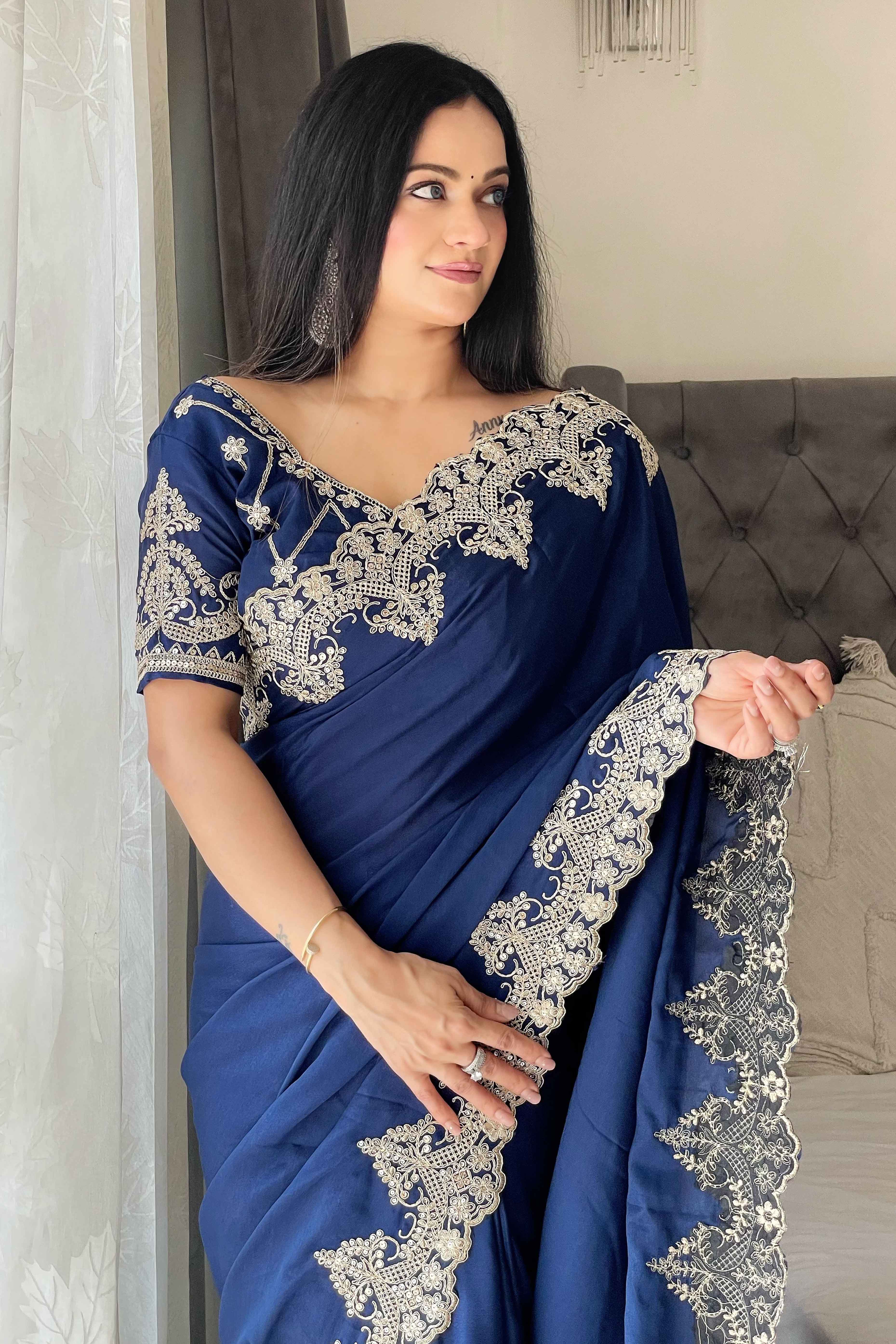 Navy Blue Chinon Silk Blend Saree With Intricate Sequins & Cording Embroidery