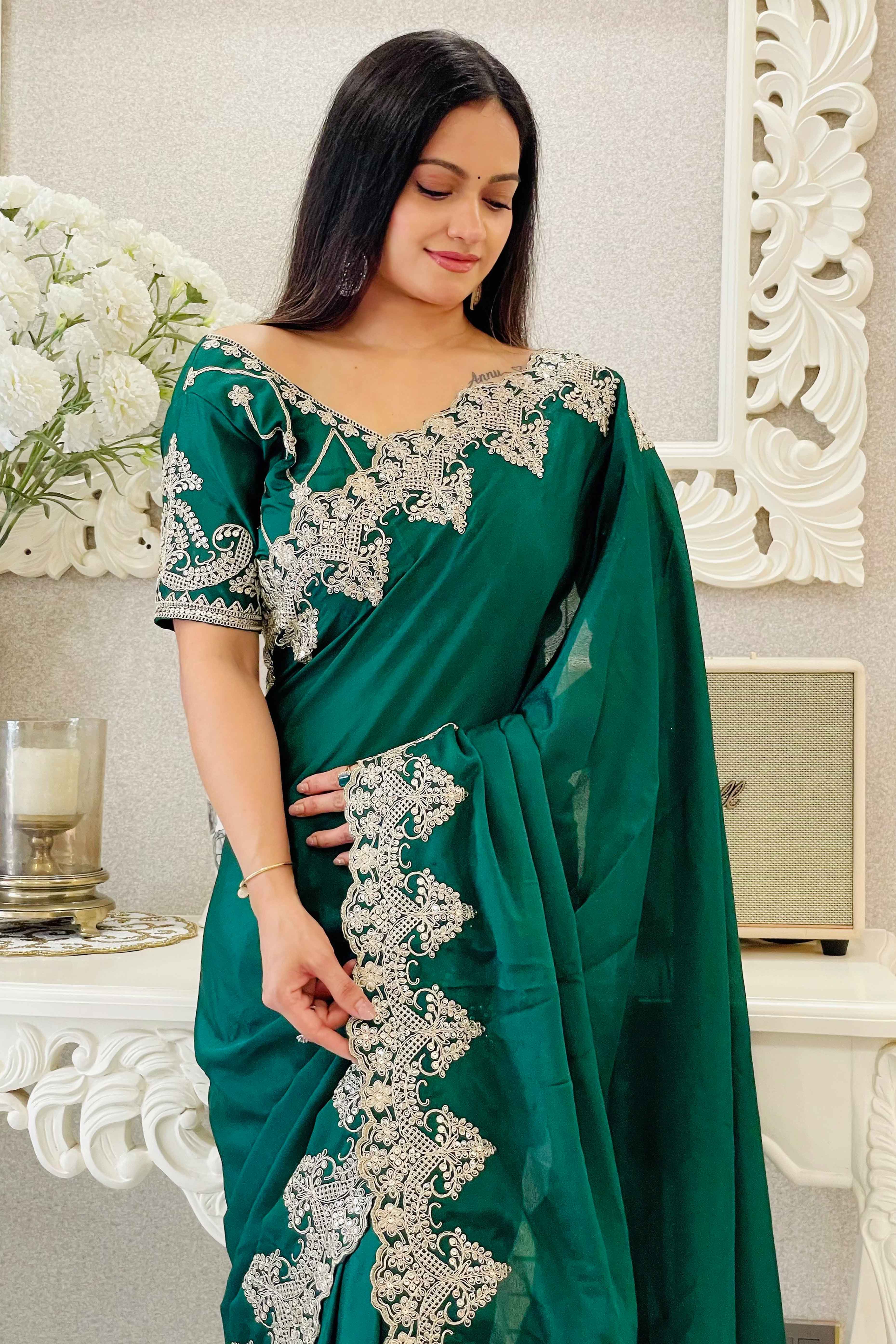 Green Chinon Silk Blend Saree With Intricate Sequins & Cording Embroidery