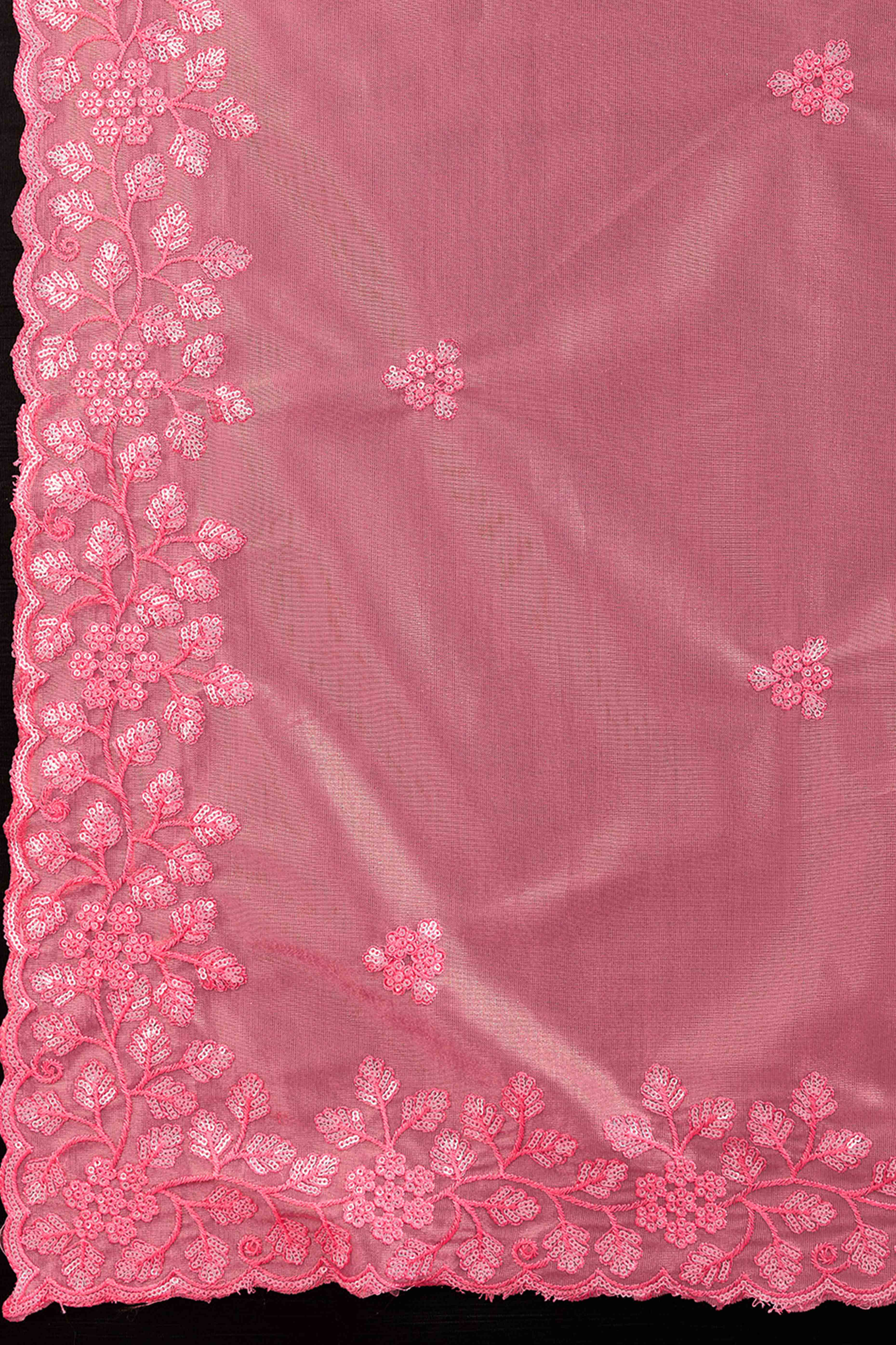 Gajari Pink Twill Net Saree Embellished With Sequin Floral Embroidery