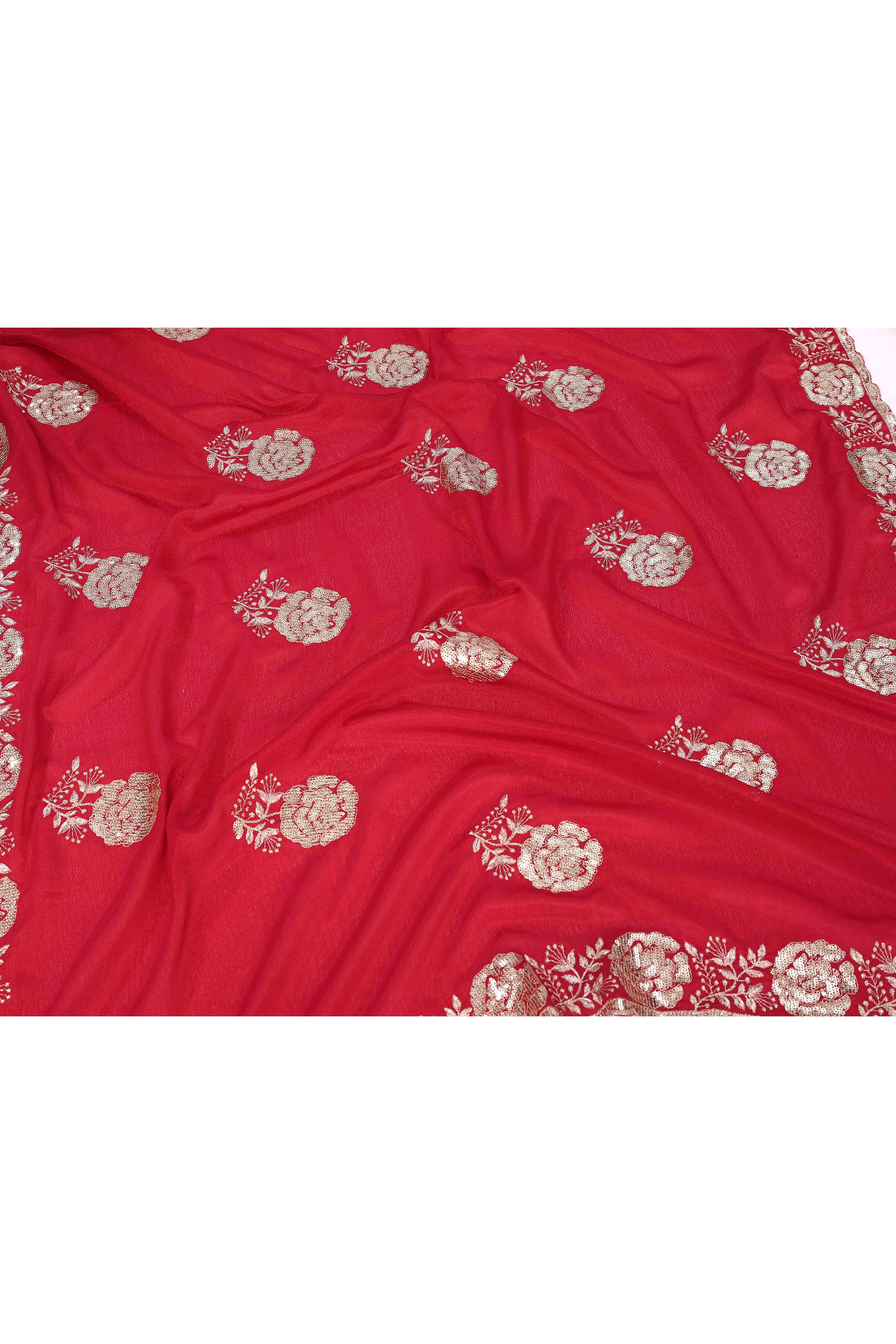 Cherry Red Saree Featuring Intricate Floral Embroidery With Sequins On Chinon Silk