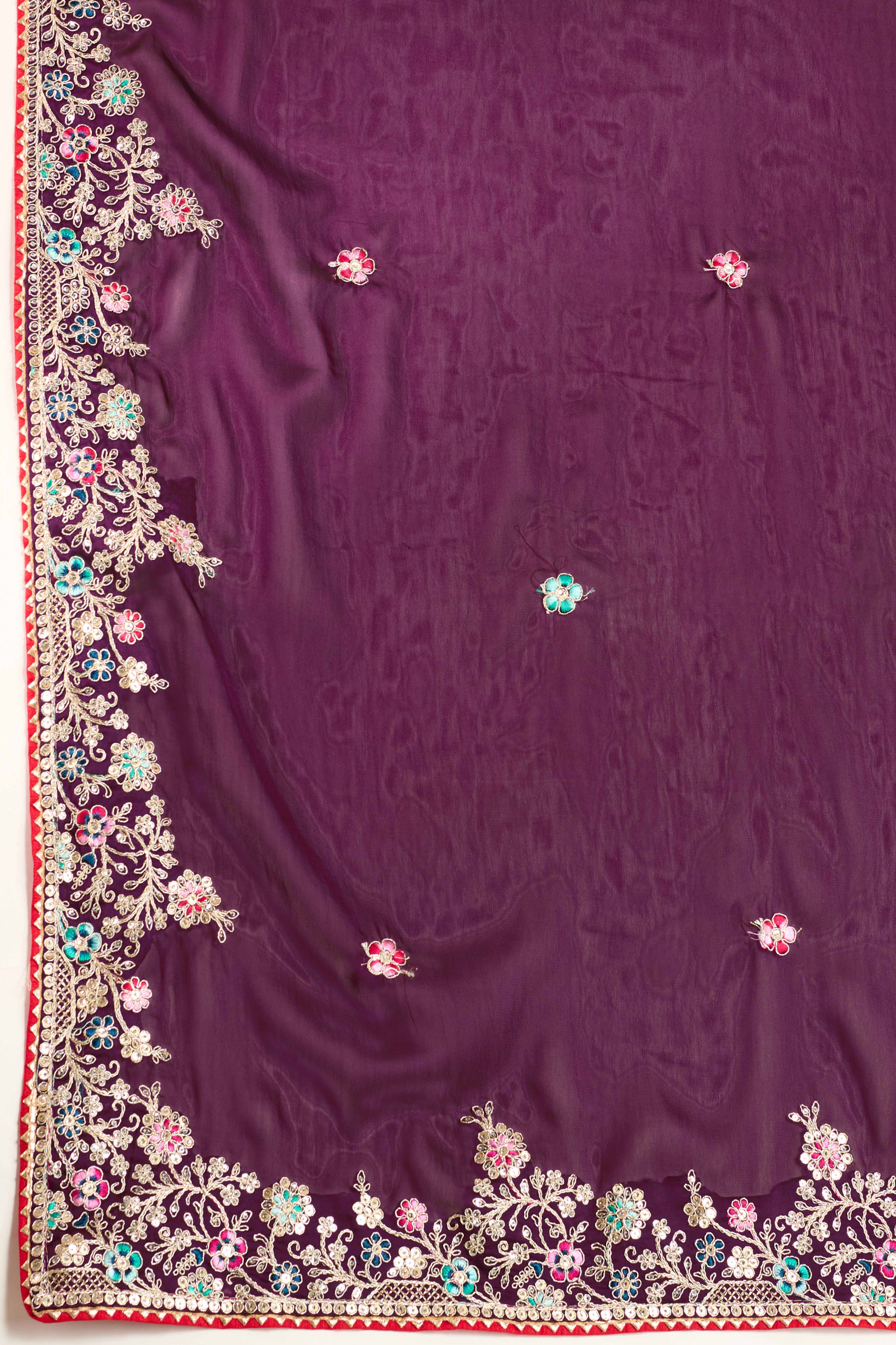 Purple Star Georgette Party Saree with Sequins and Floral Embroidery