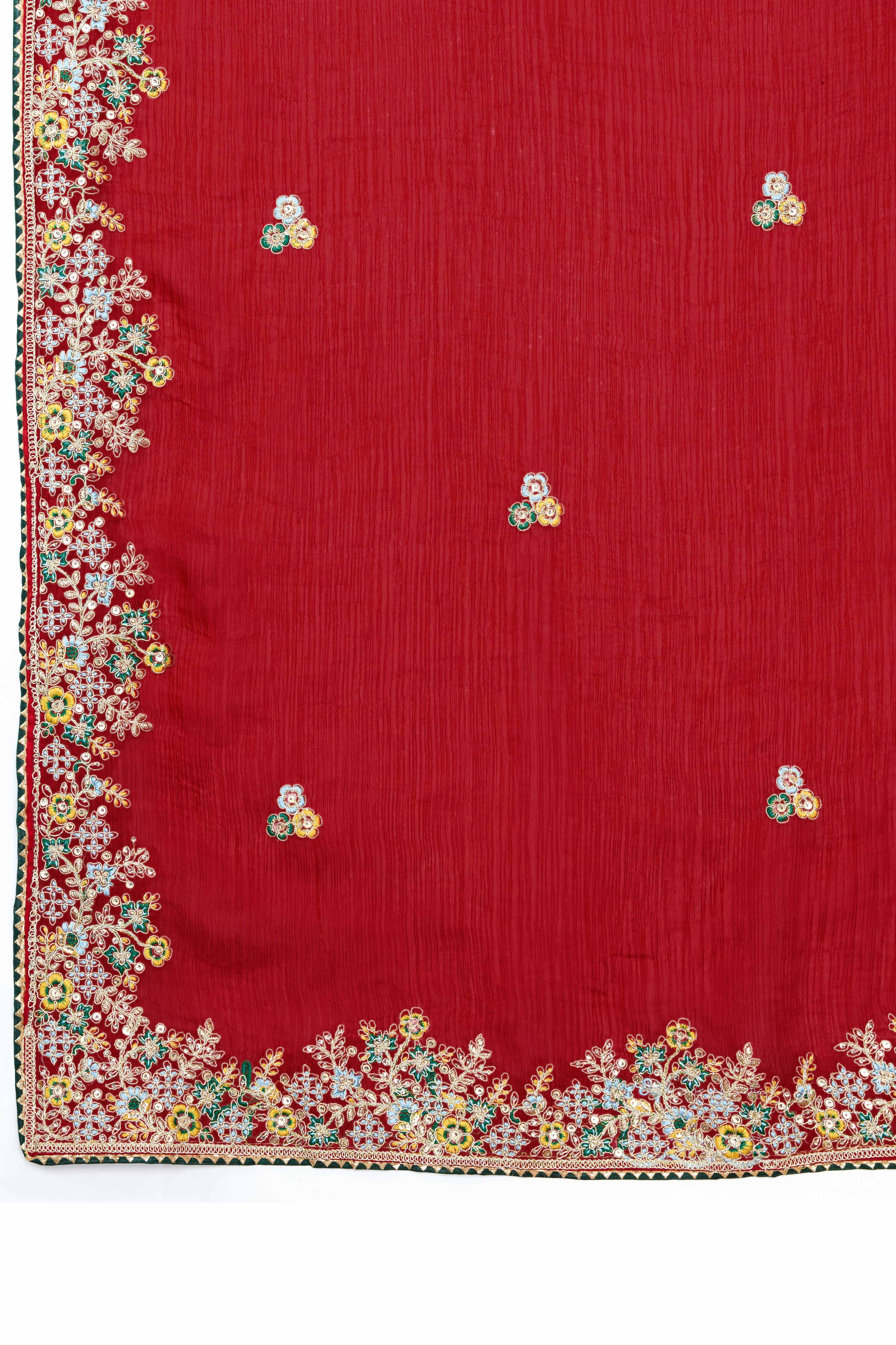 Luxe Frendy Chiffon Saree in Bold Red with Delicate Floral Embroidery