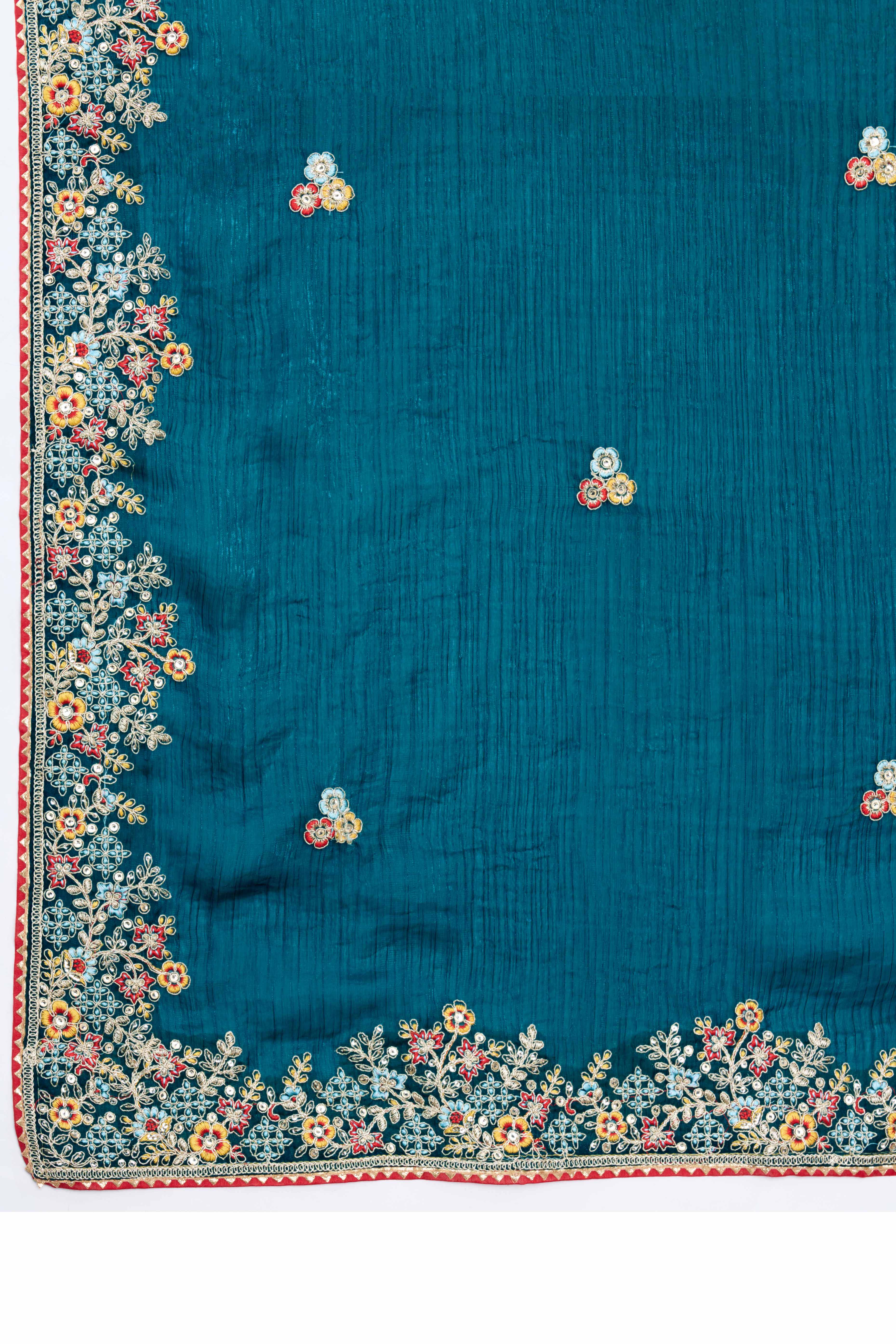 Luxe Frendy Chiffon Saree in Bold Teal with Delicate Floral Embroidery