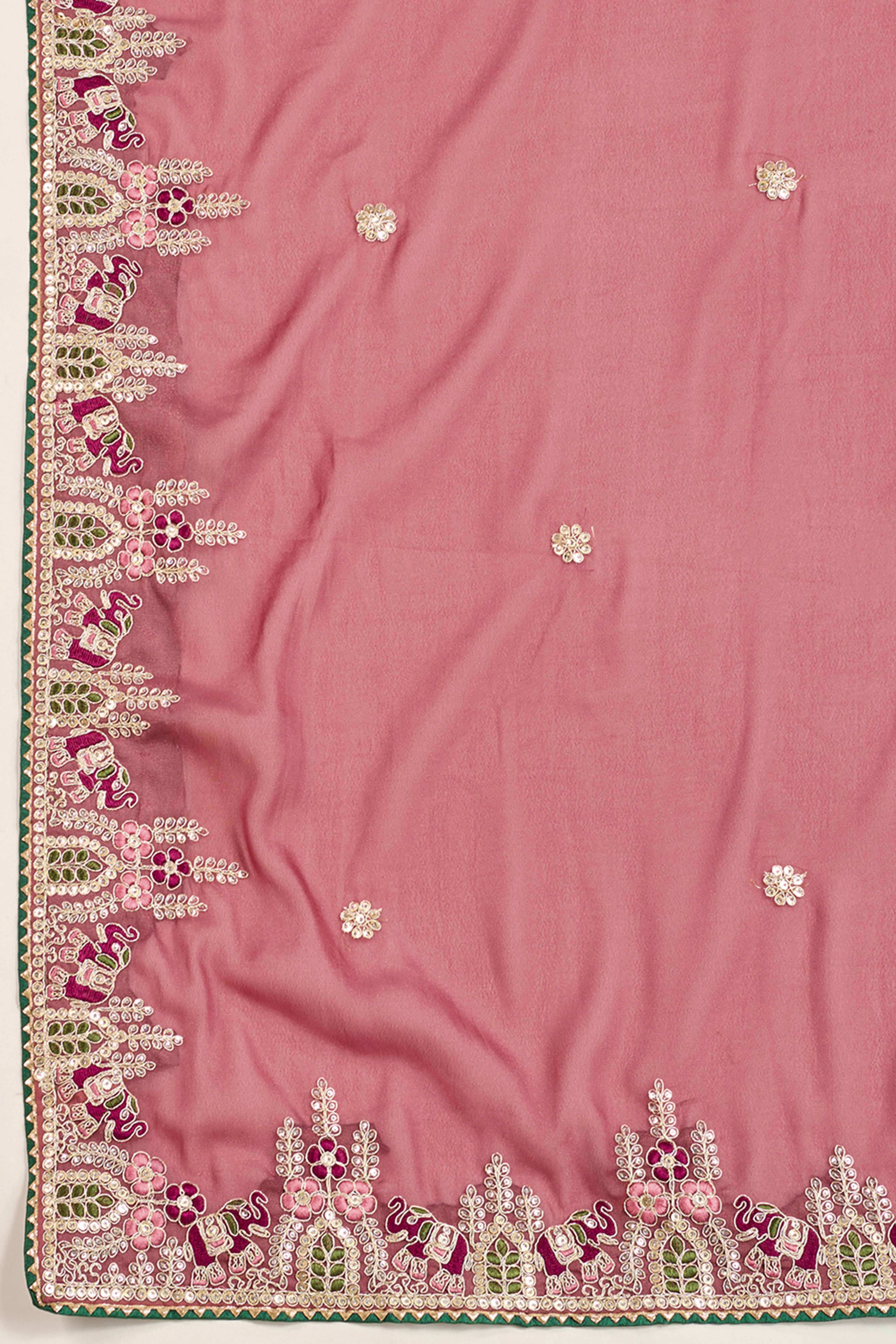 Dusty Rose Pink Georgette Saree Featuring Floral Cording Embroidery & Shimmering Sequins Work