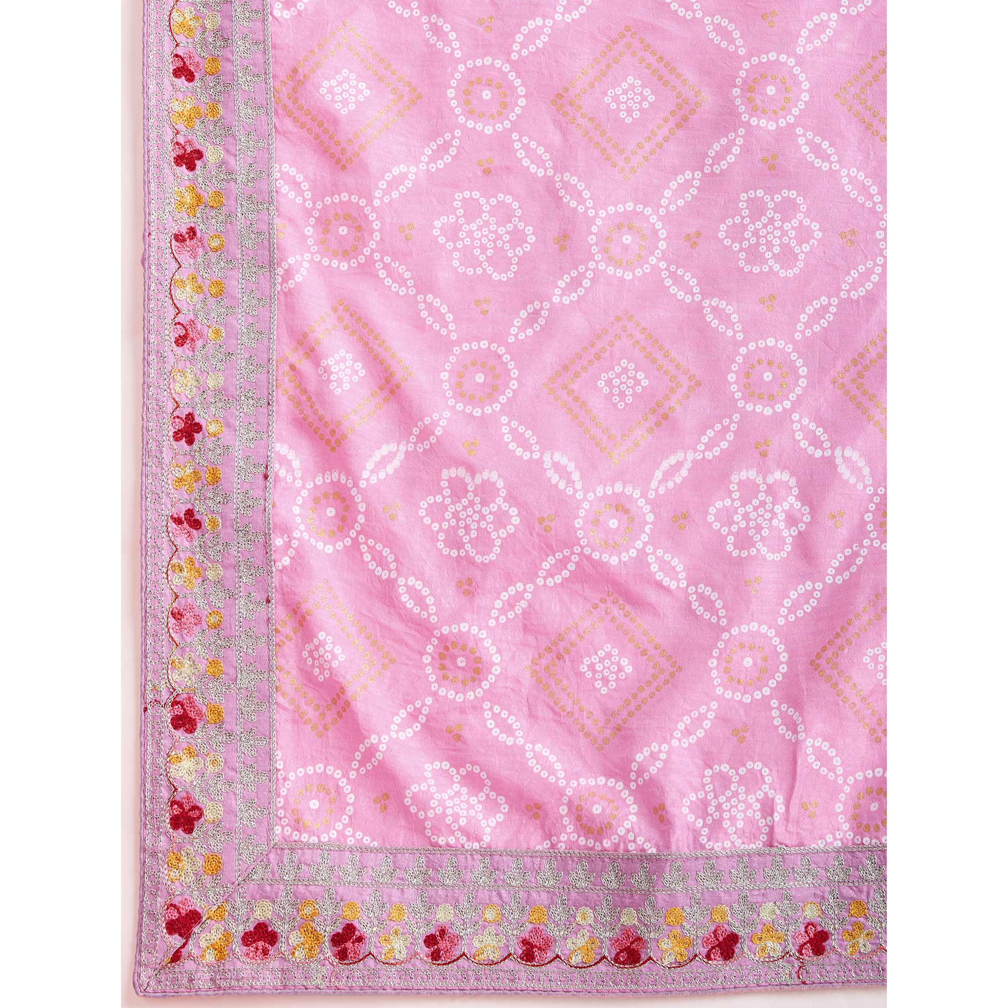 Pink Bandhani Printed Vichitra Silk Saree With Embroidery Border