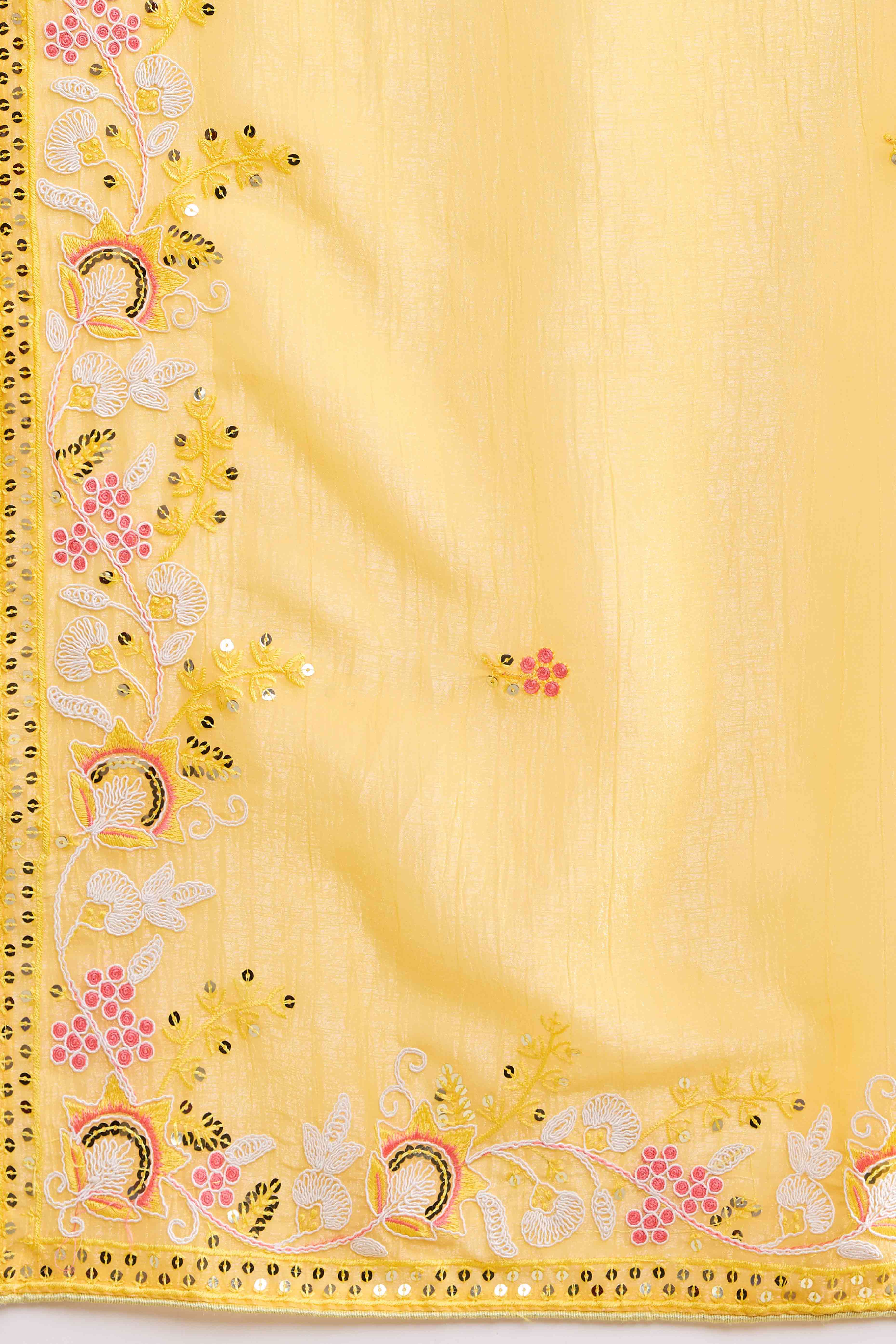 Yellow Floral Sequins Embroidered Organza Saree