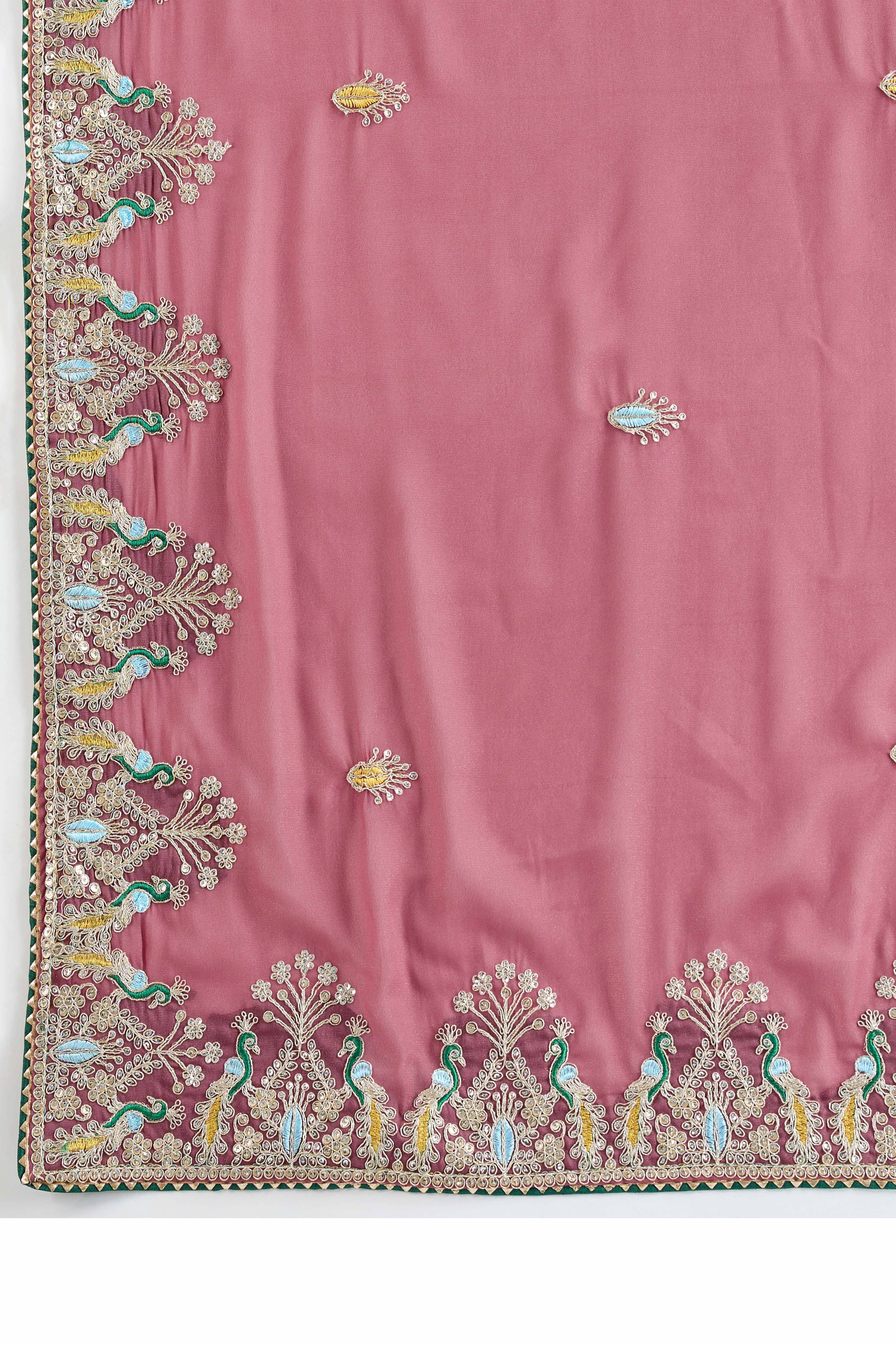 Dusty Pink Embroidered Saree with Ethnic Detailing in Georgette Fabric