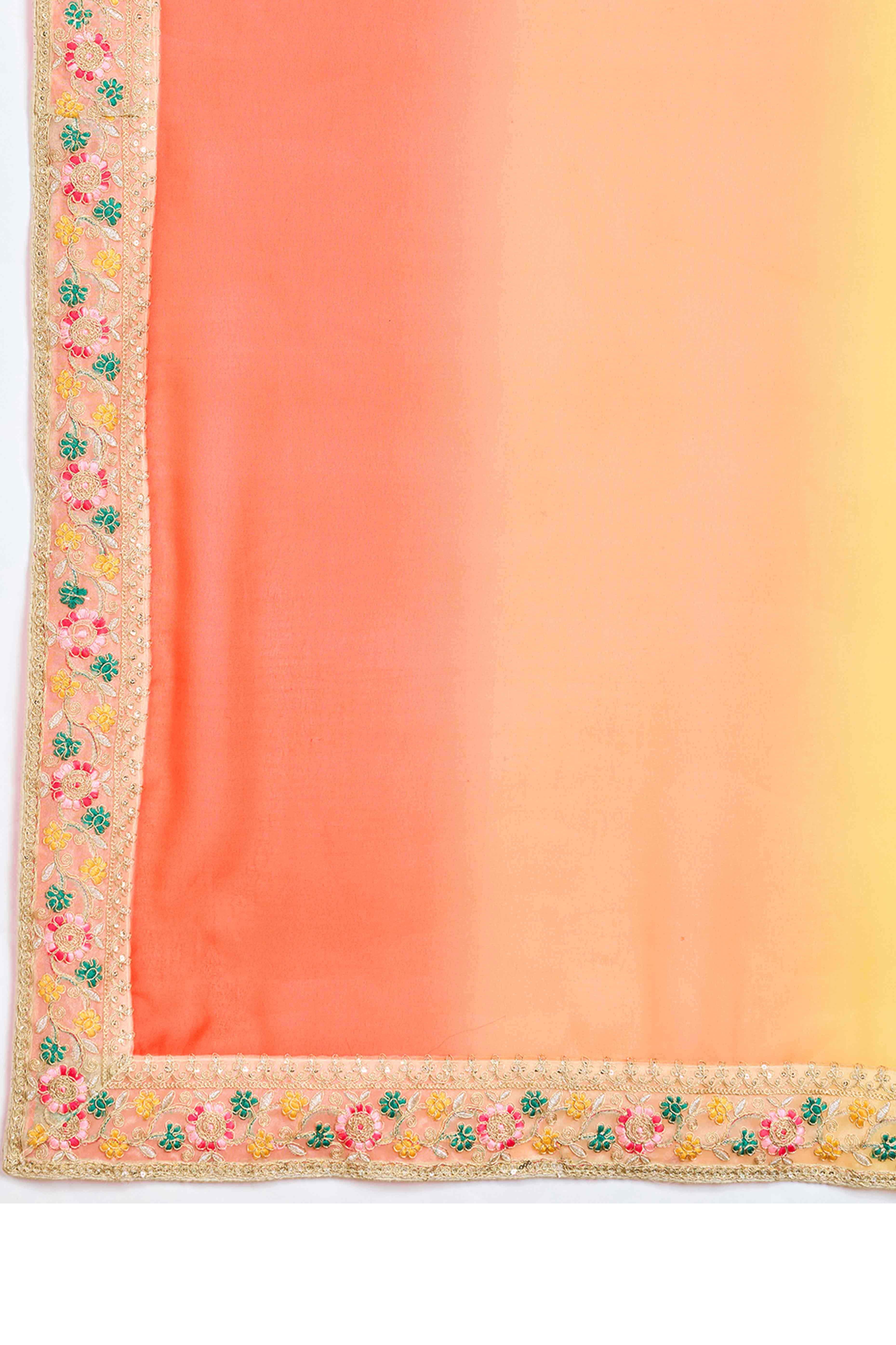 Yellow To Orange Georgette Ombre Saree With Intricate Floral Cording Embroidery & Sequin Detailing