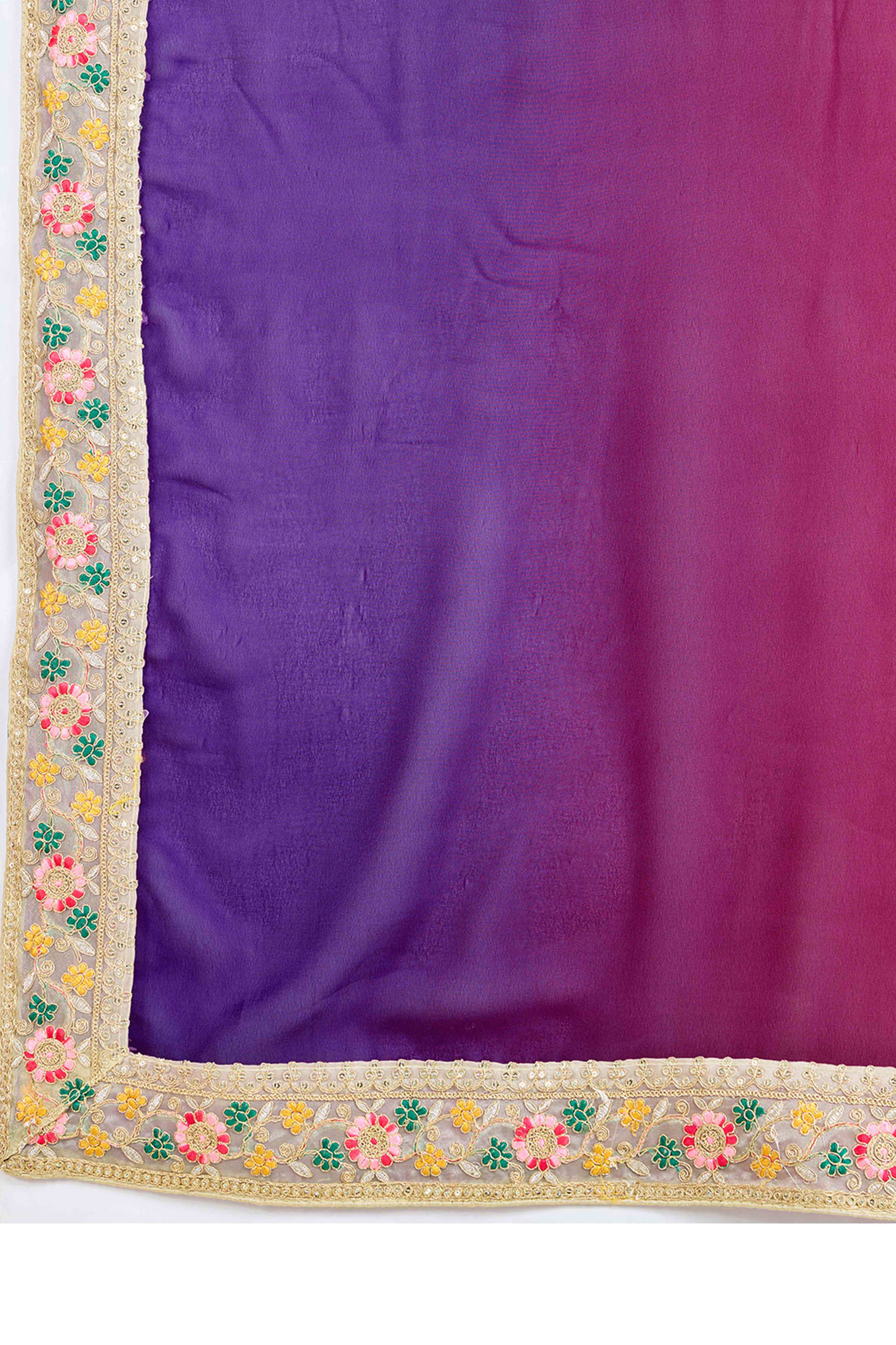 Pink To Purple Georgette Ombre Saree With Intricate Floral Cording Embroidery & Sequin Detailing