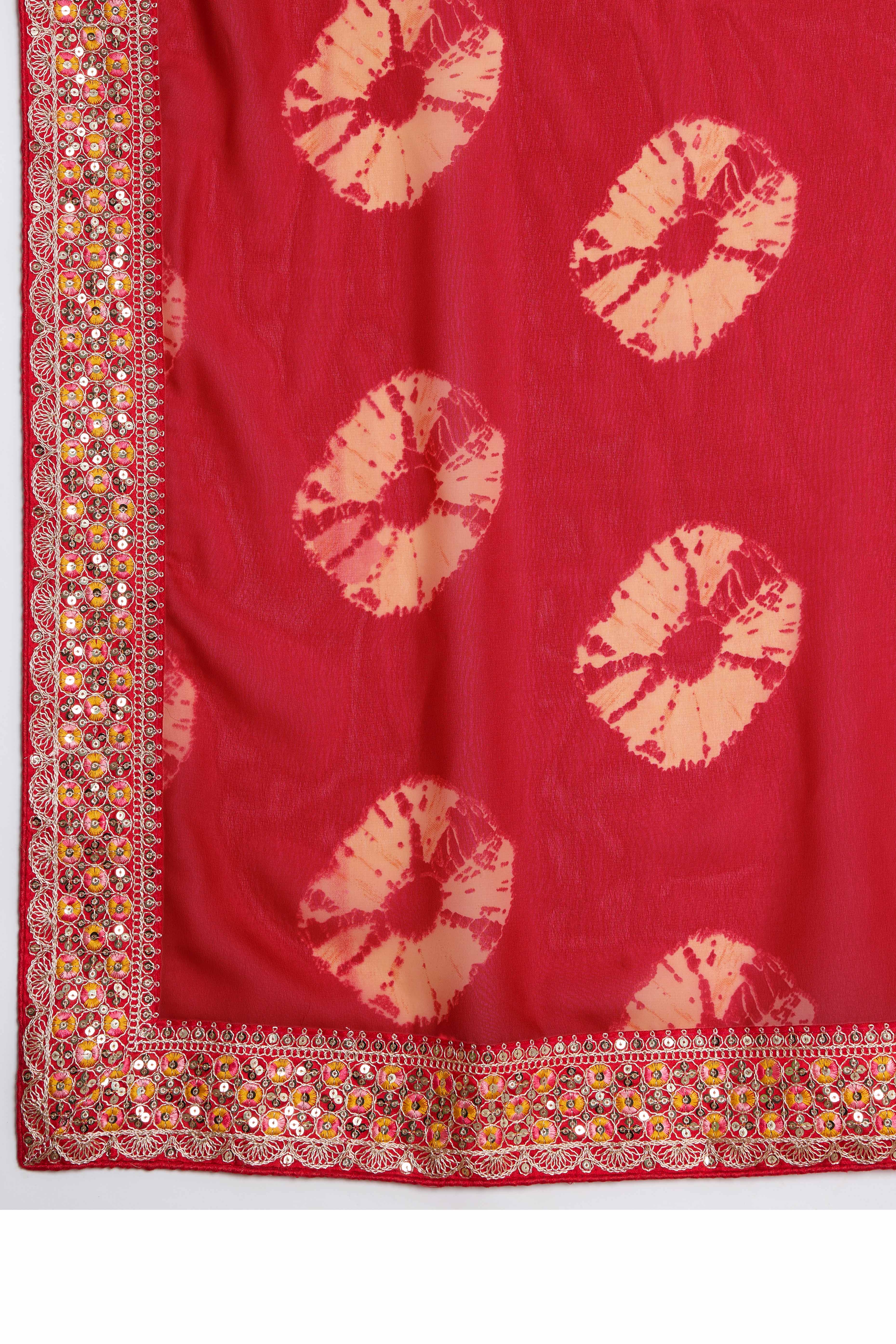 Red Georgette Saree with Contemporary Tie-Dye Patterns and Classic Lace Work Finish