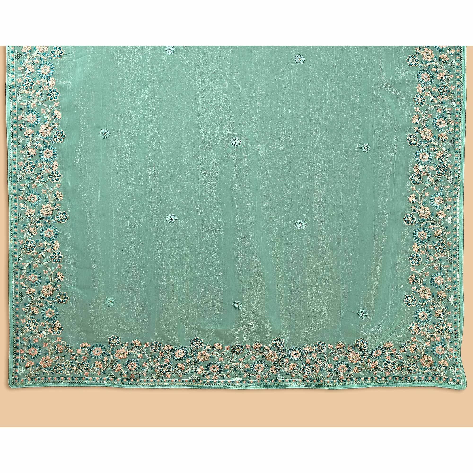 Turquoise Floral Sequins Embroidered Organza Silk Saree