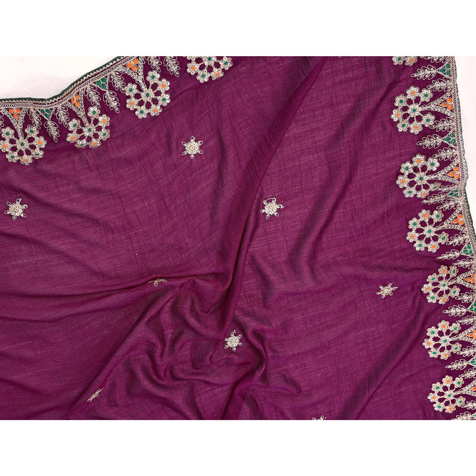 Wine Vichitra Silk Saree Embellished With Floral Cording Embroidery & Sparkling Sequins