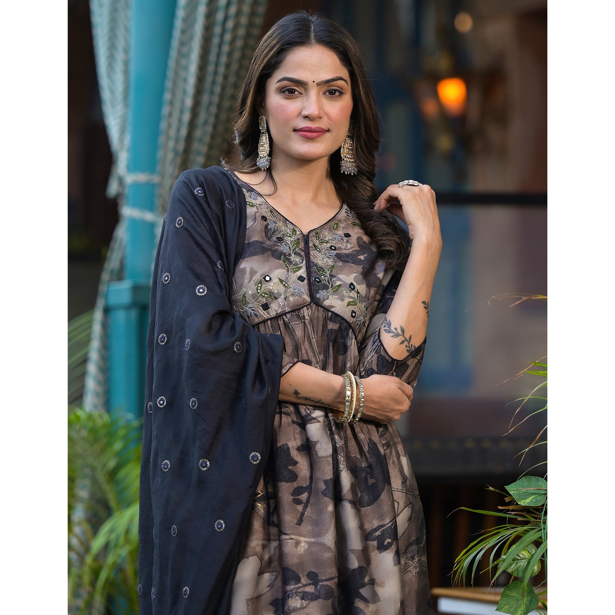 Chikoo & Black Floral Printed Alia Cut Chanderi Silk Salwar Suit