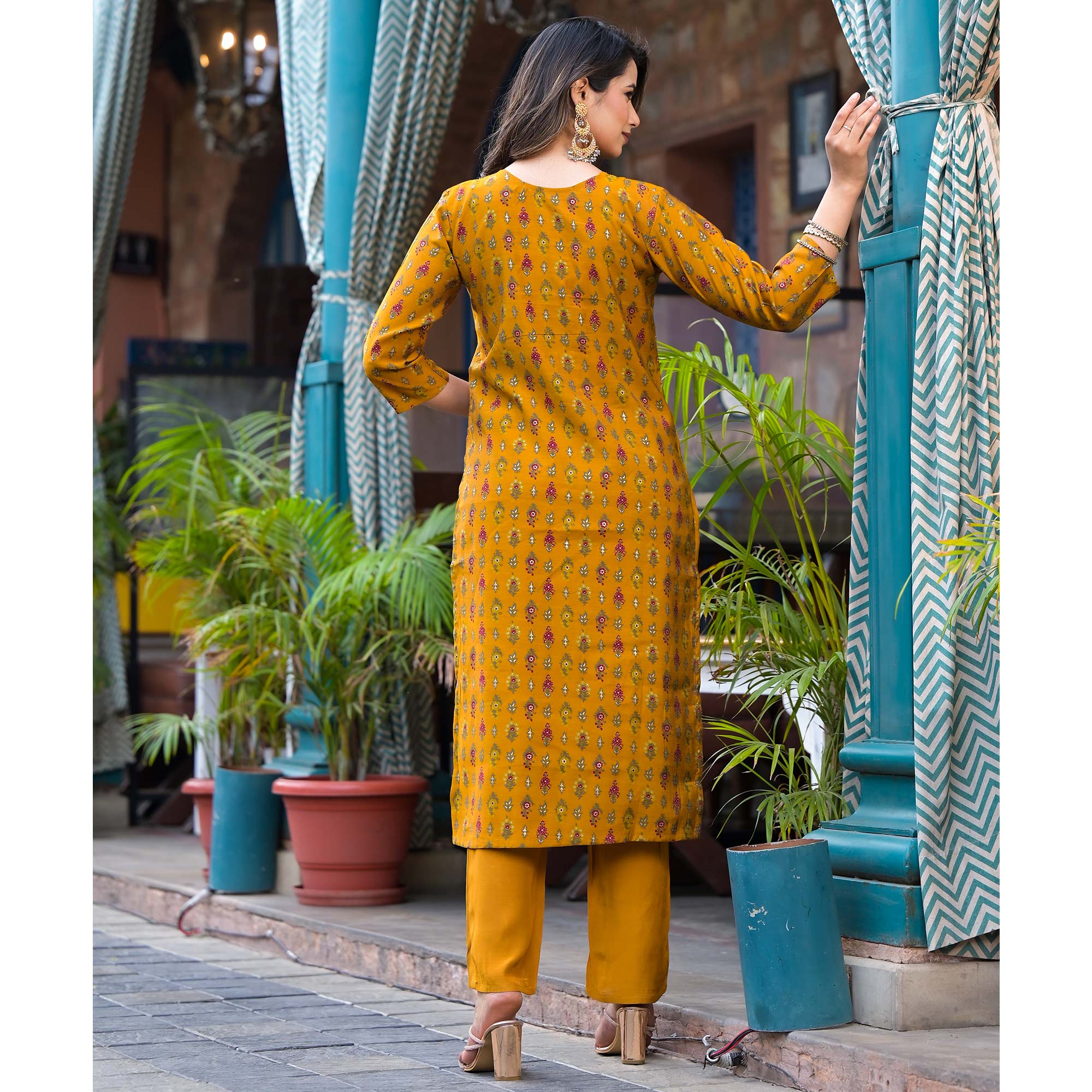 Mustard Floral Kantha Work Embroidered Chanderi Silk Salwar Suit
