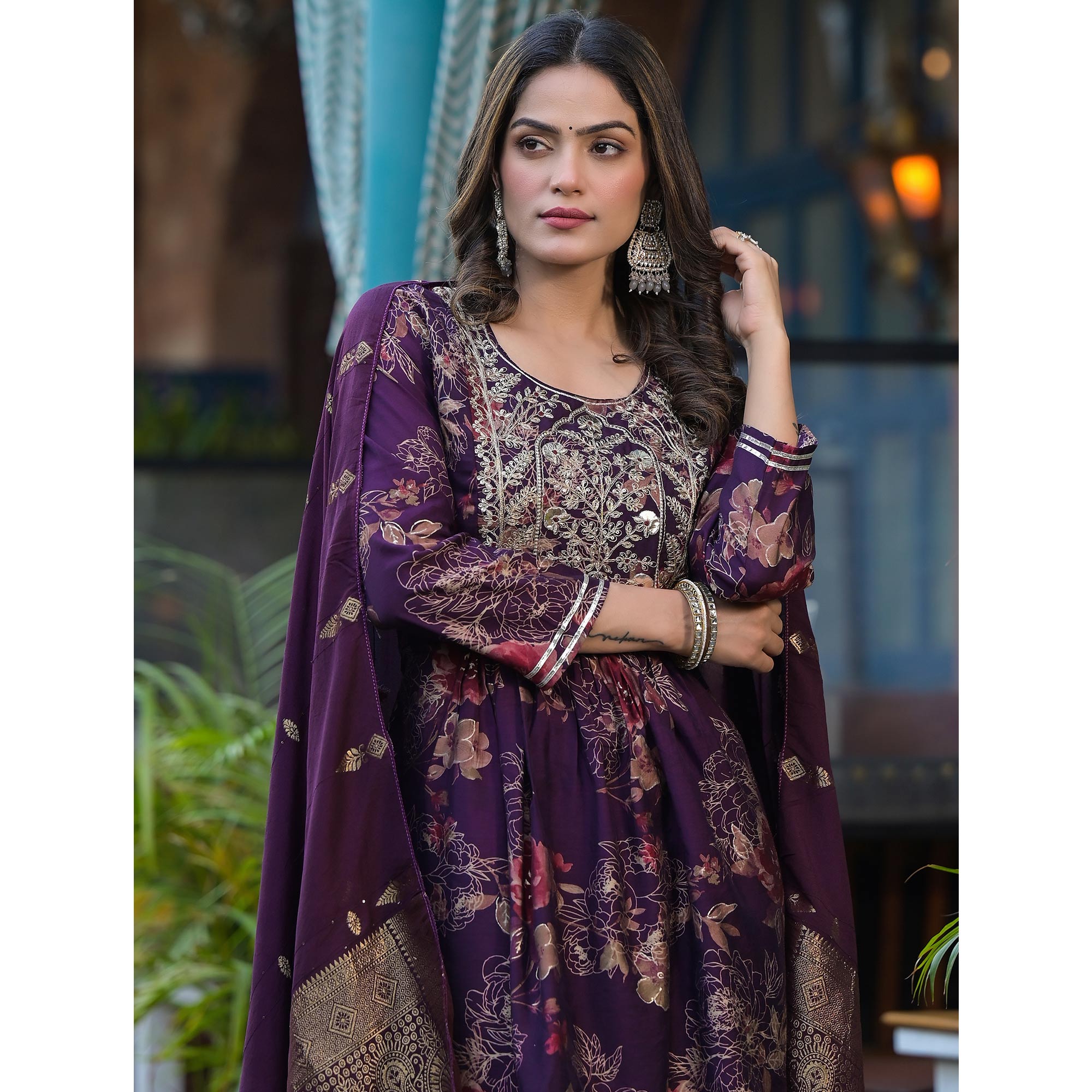 Wine Floral Embroidered Chanderi Silk Sharara Suit