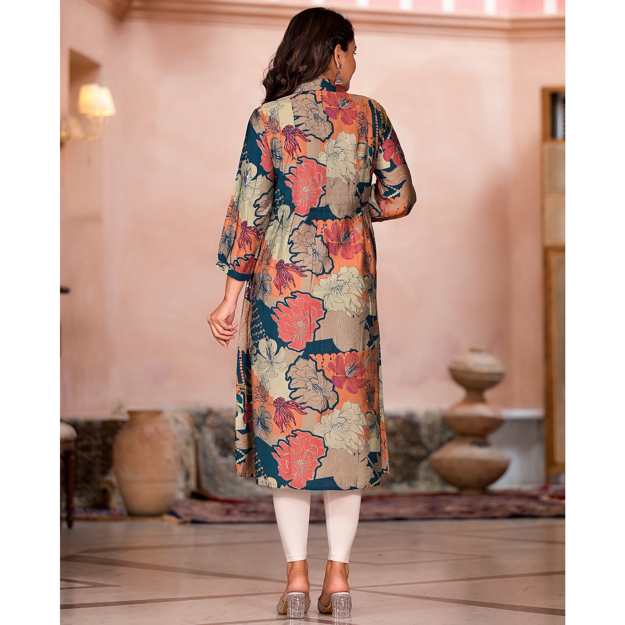 Green Floral Printed Chanderi Silk A-Line Dress