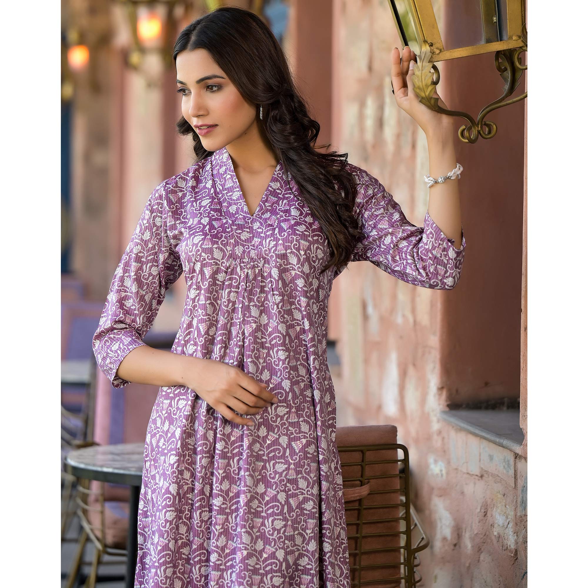 Purple Floral Printed Rayon A-line Kurti