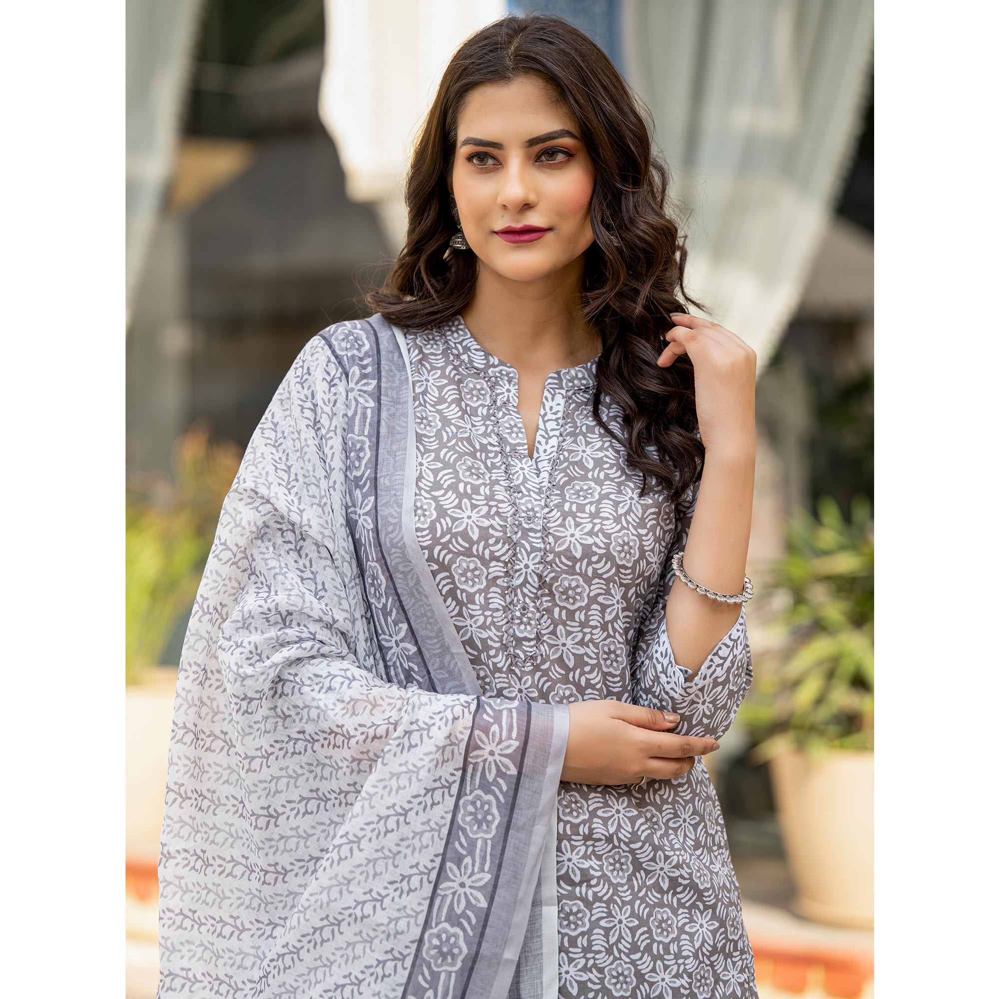 Grey Floral Printed Pure Cotton Salwar Suit