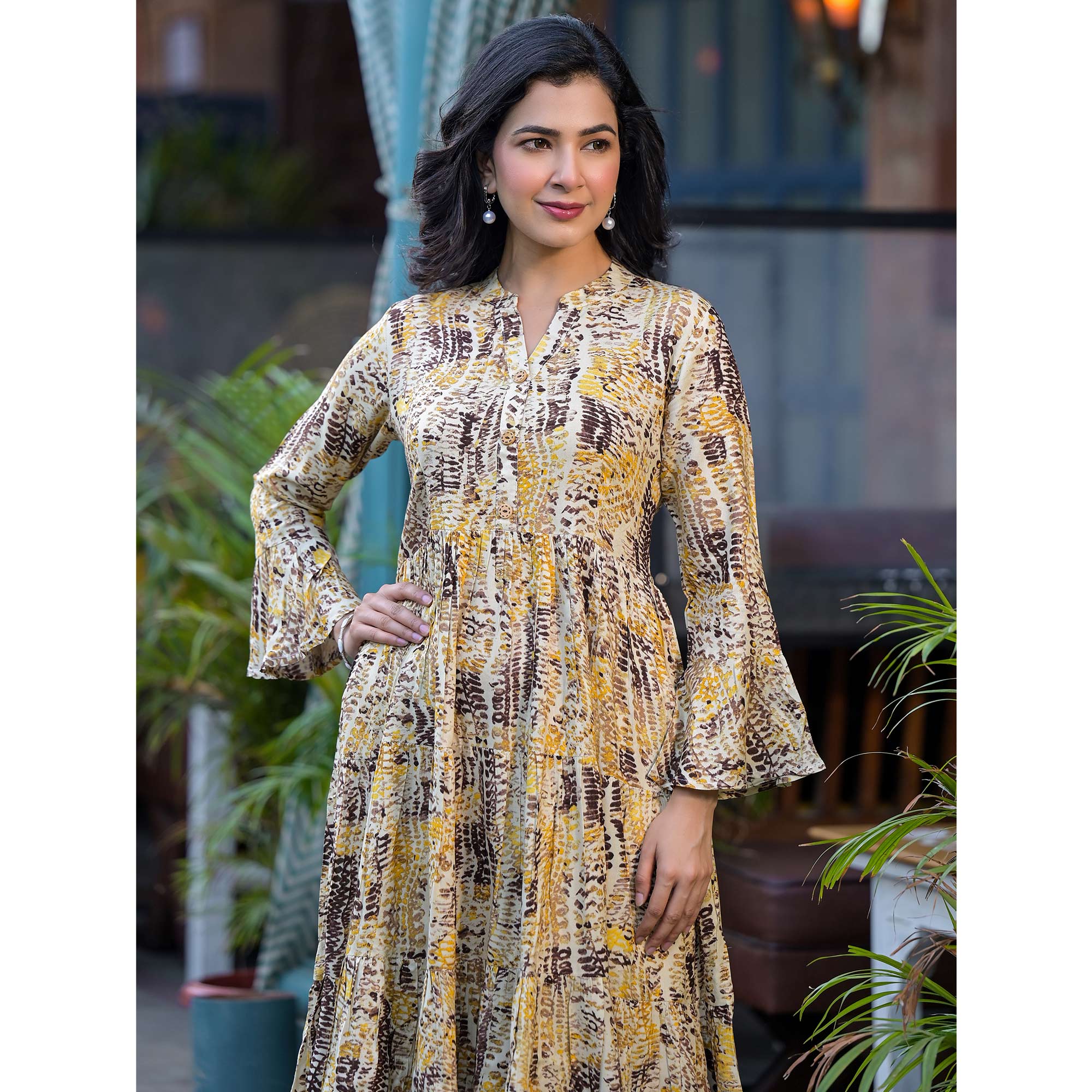 Yellow Printed Rayon Anarkali Dress