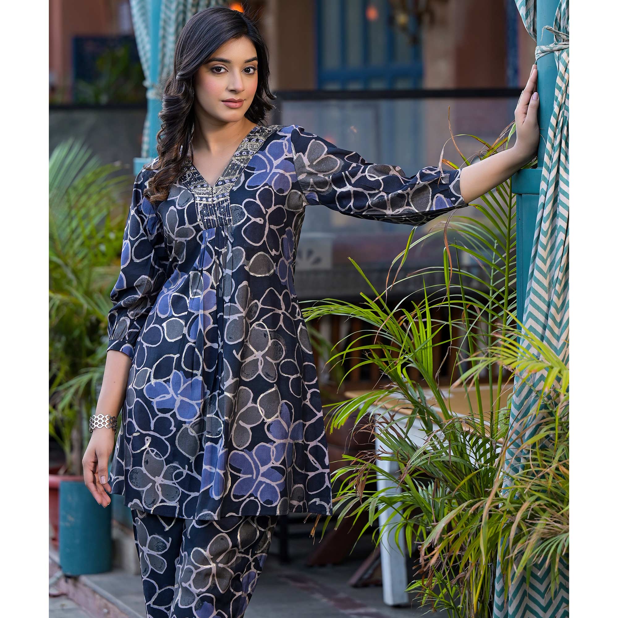 Denim Blue Floral Printed Chanderi Silk Co-Ord Set