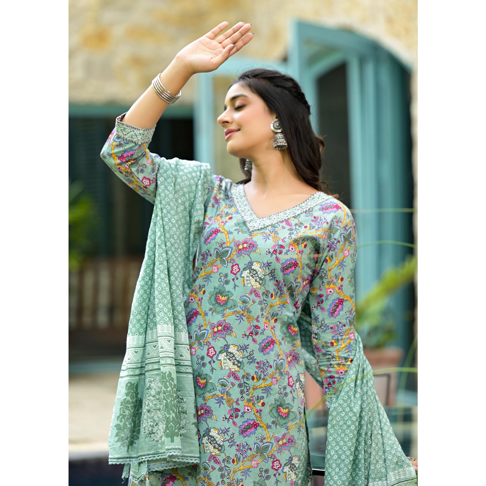 Sea Green Floral Printed With Embroidery Pure Cotton Straight Salwar Suit