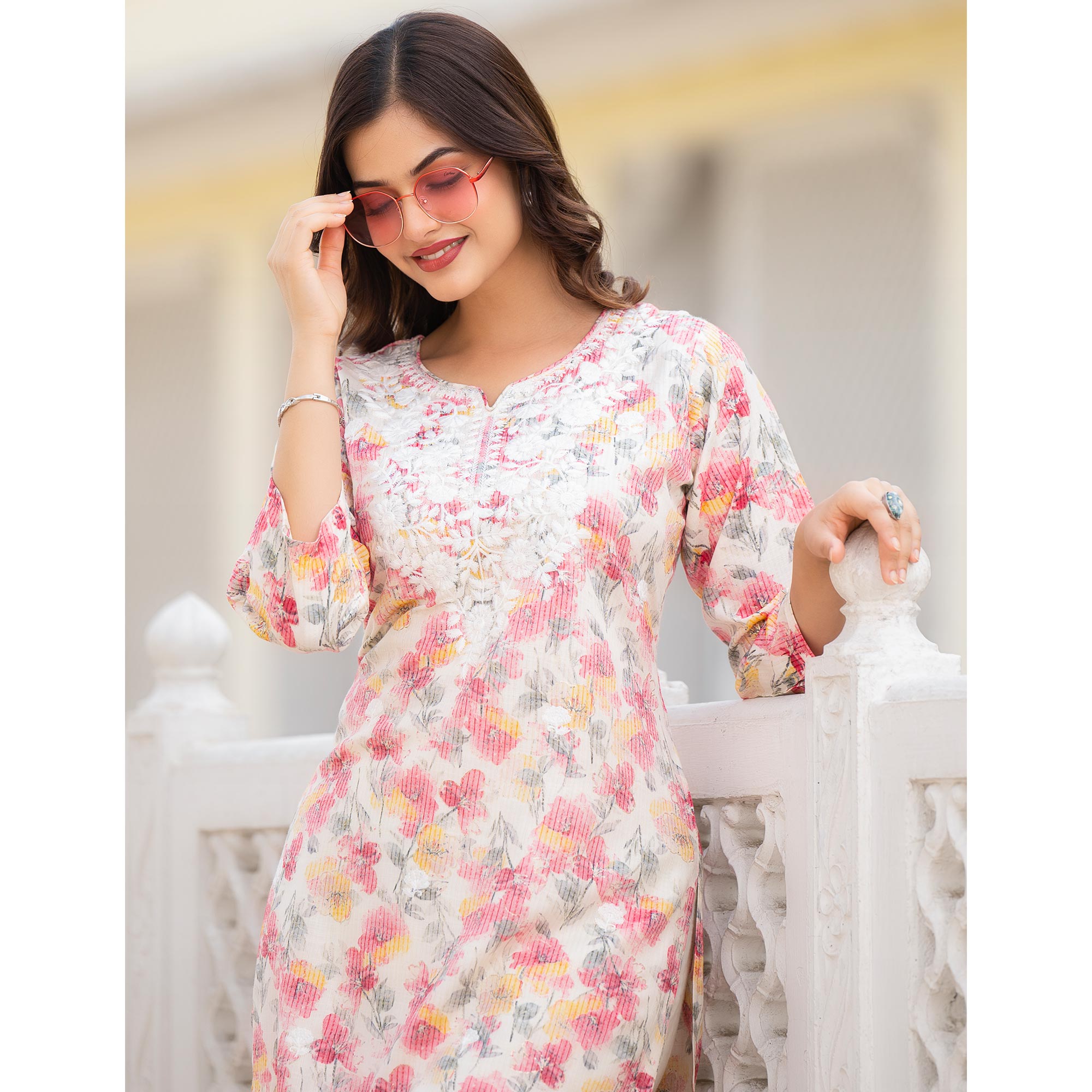 Cream & Pink Floral Printed Rayon Straight Kurti