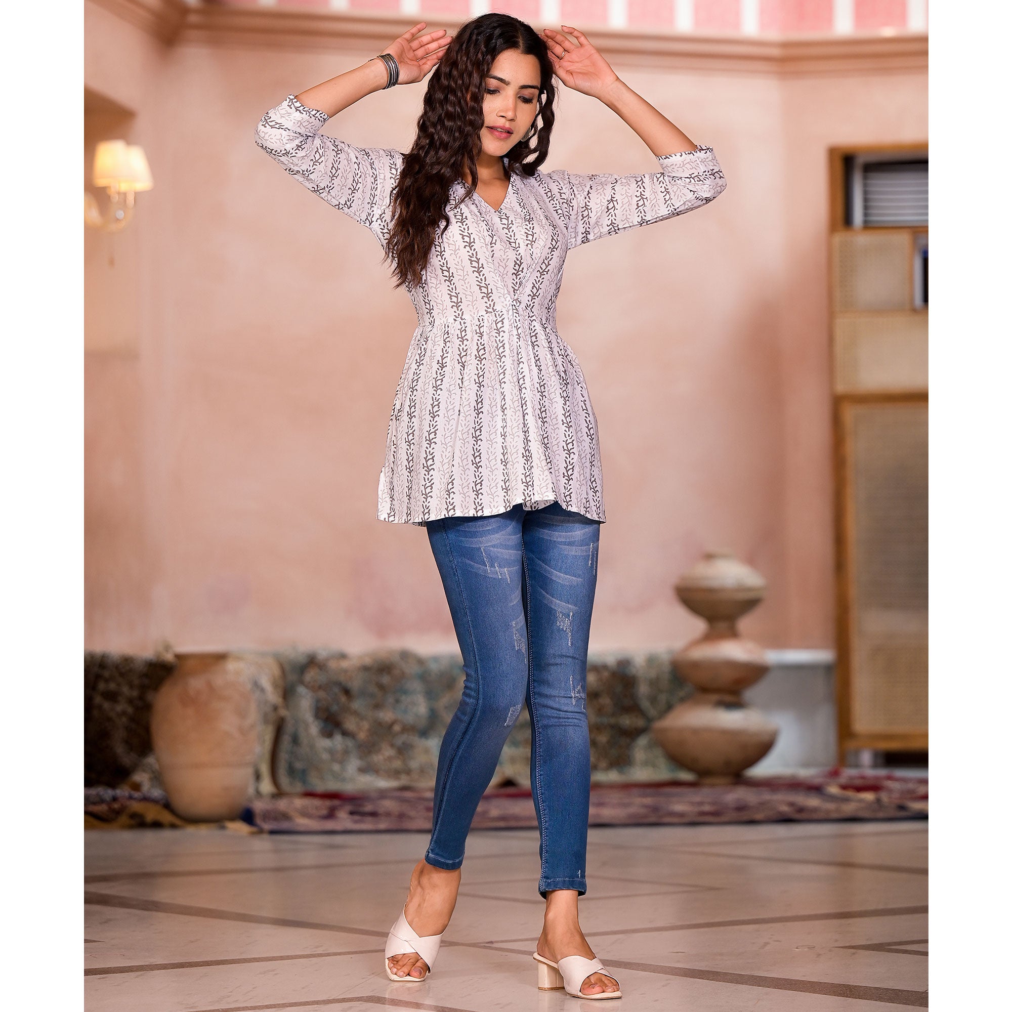 White & Brown Printed Pure Cotton A-Line Top