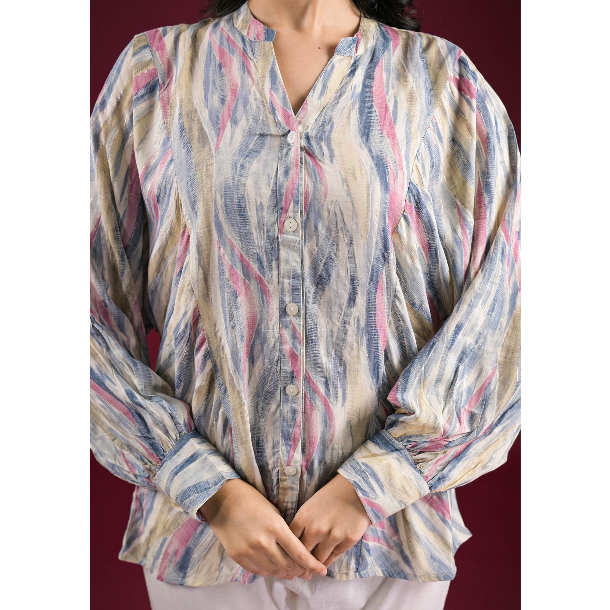 Blue Foil Printed Chanderi Silk A-Line Top