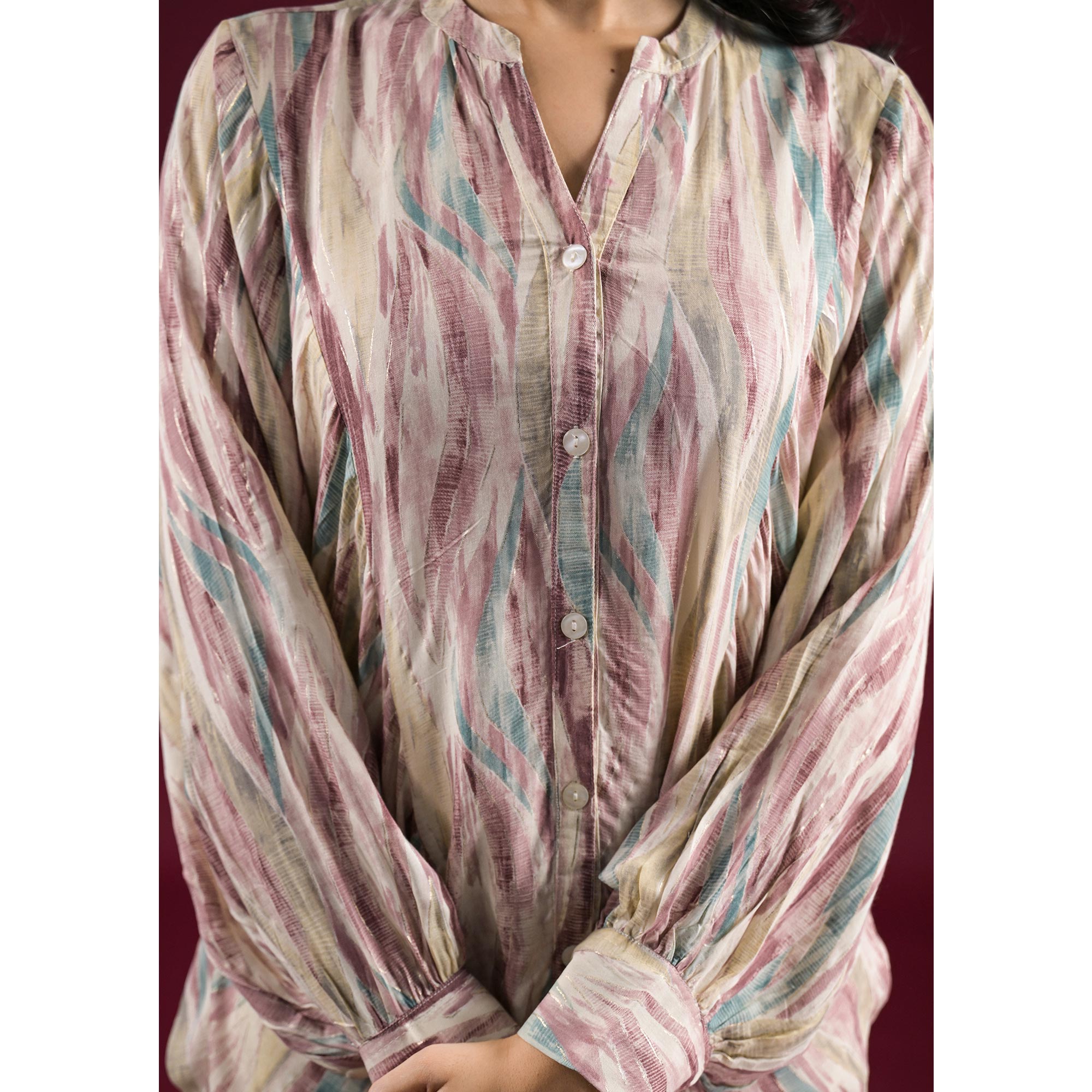 Turquoise Foil Printed Chanderi Silk A-Line Top