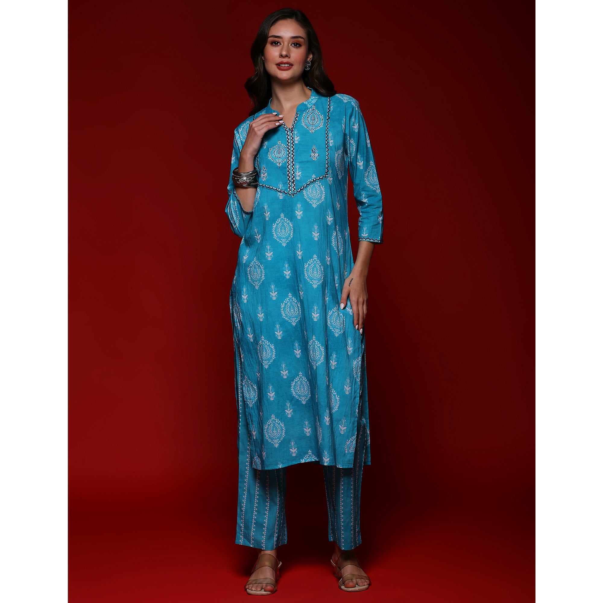 Turquoise Printed Pure Cotton Straight Salwar Suit