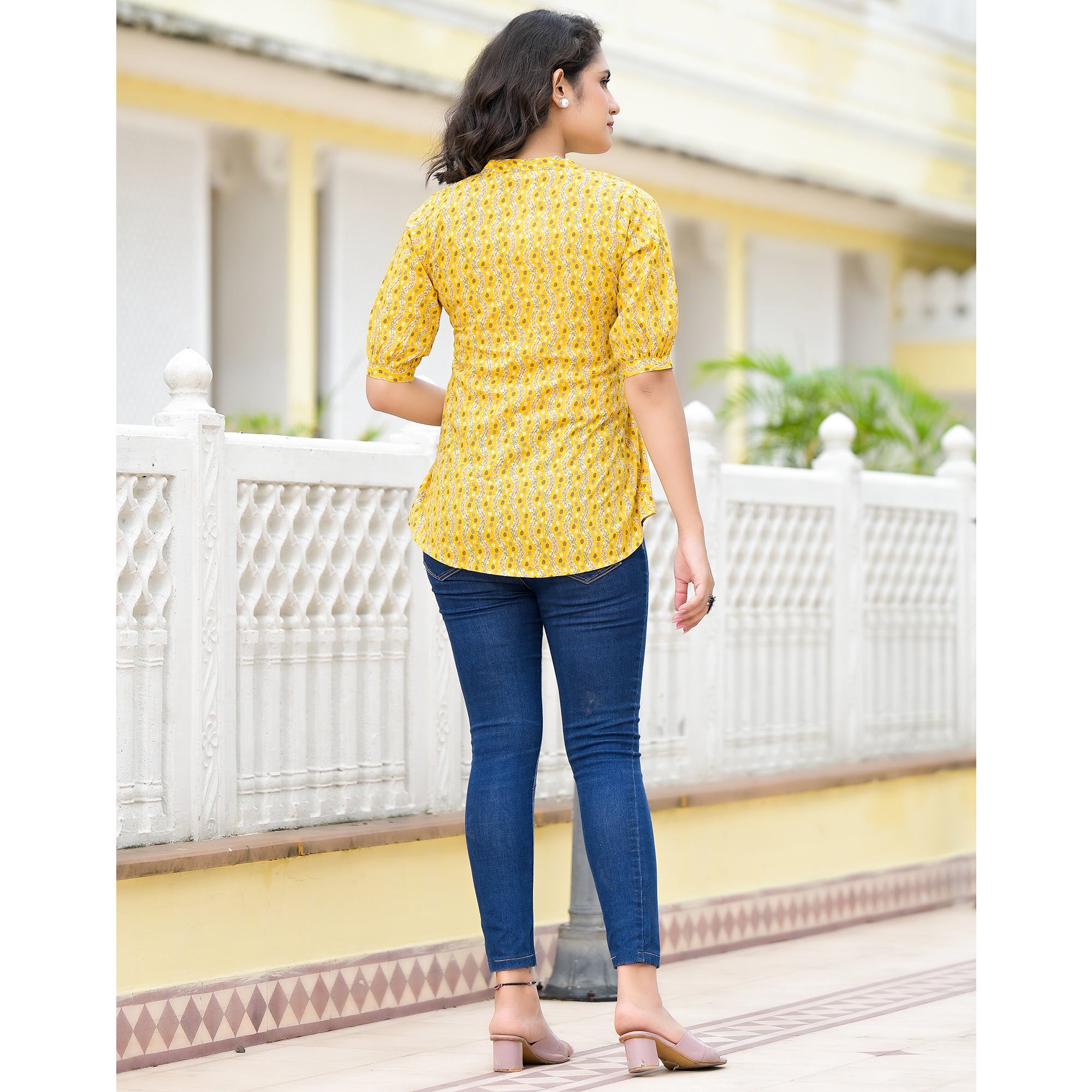 Yellow Foil Printed Pure Cotton A-Line Top