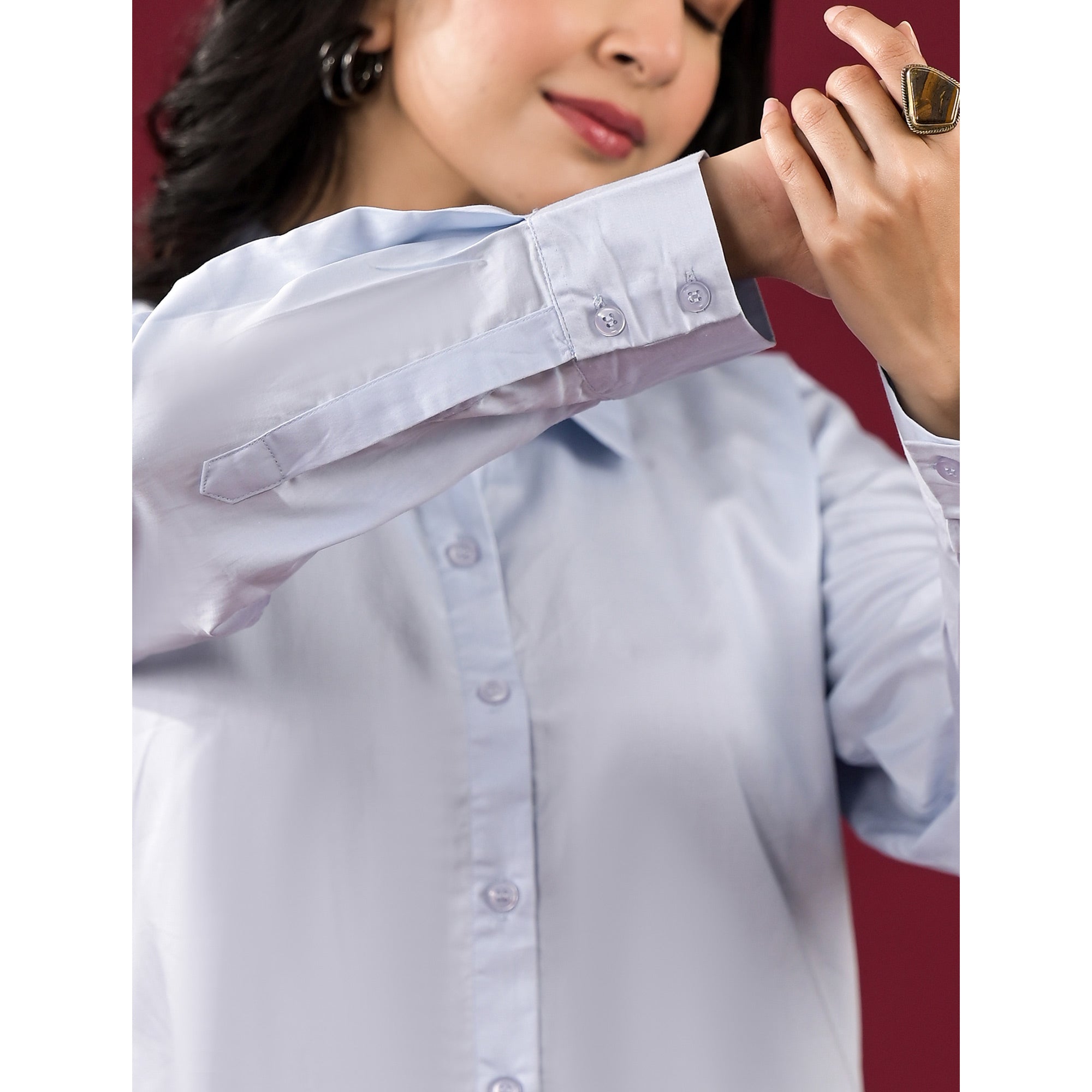 Light Blue Solid Satin High-Low Shirt