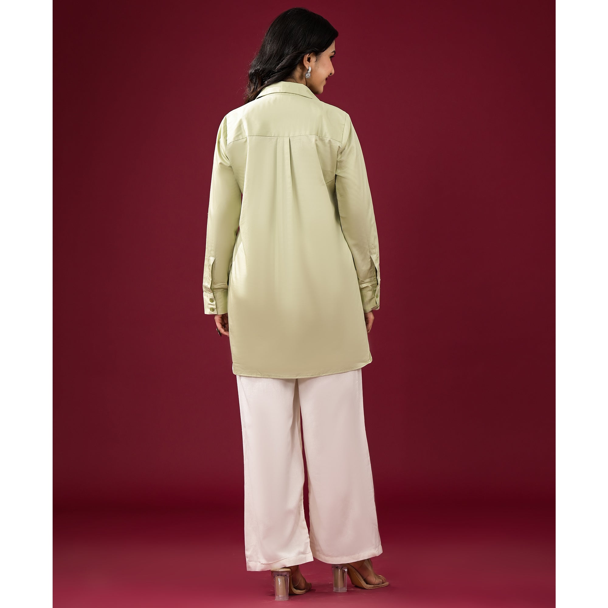 Pista Green Solid Satin High-Low Shirt