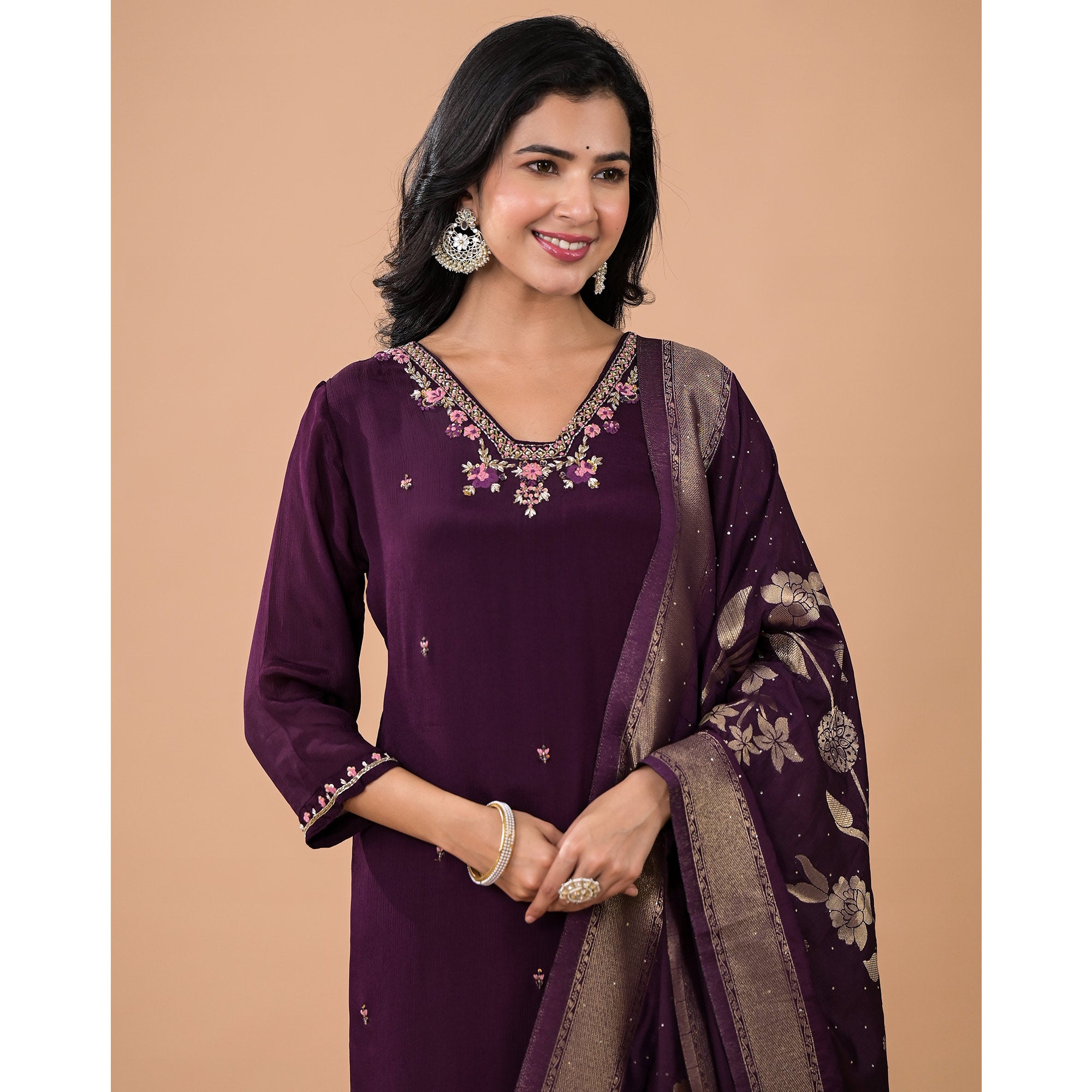 Purple Embroiderd Chinon Straight Salwar Suit