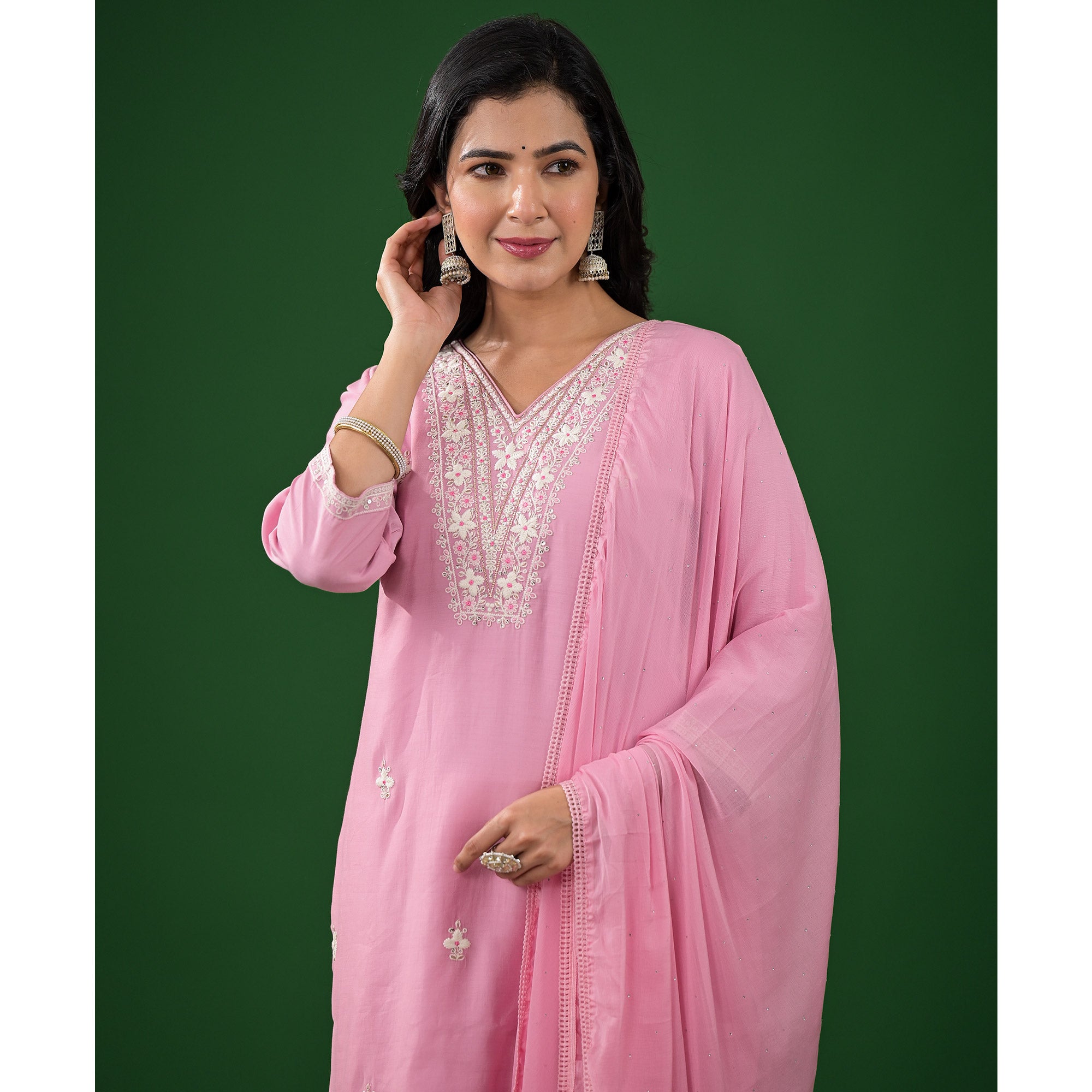 Pink Floral Embroidered Pure Silk Straight Salwar Suit