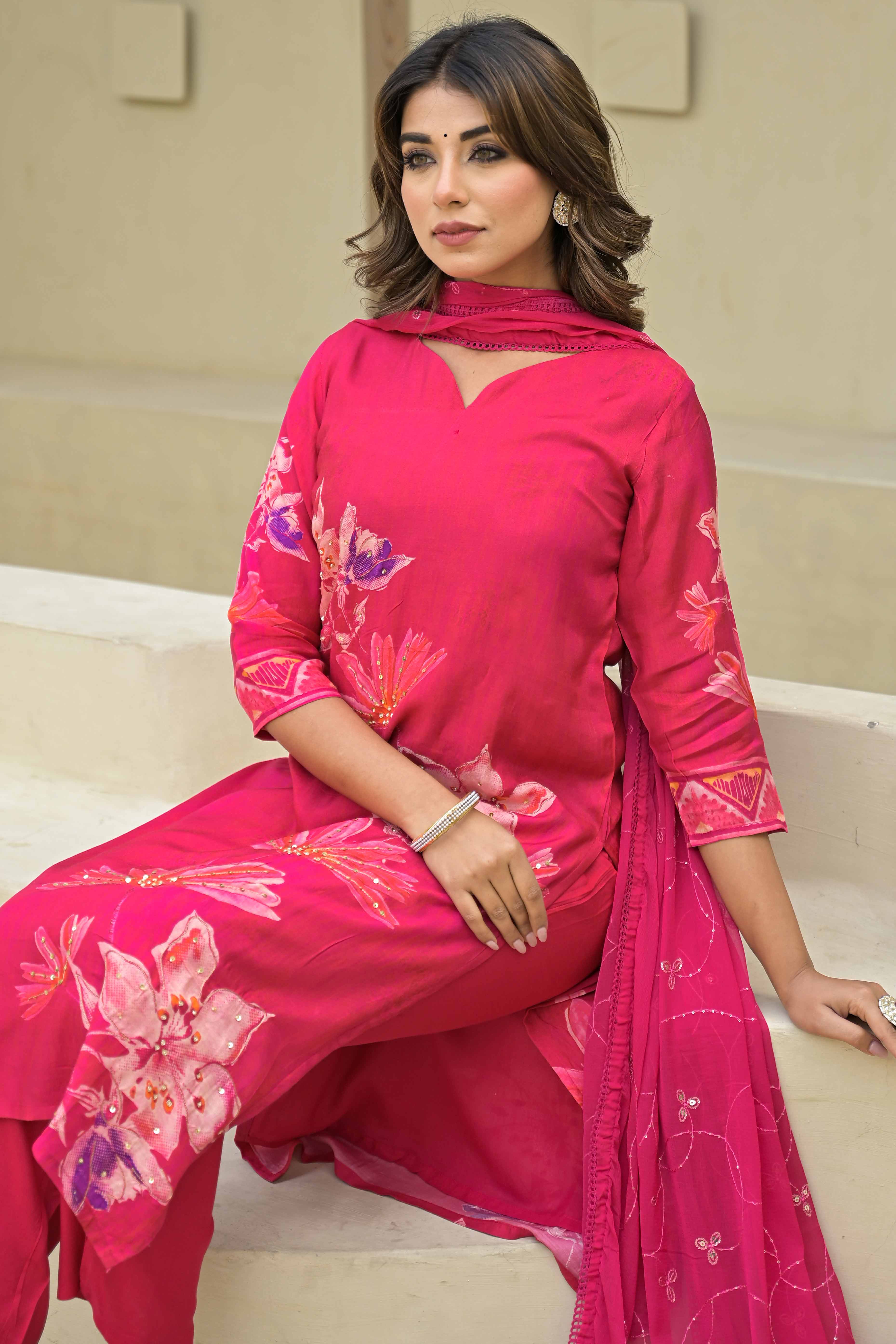 Pink Floral Printed Muslin Salwar Suit With Handwork