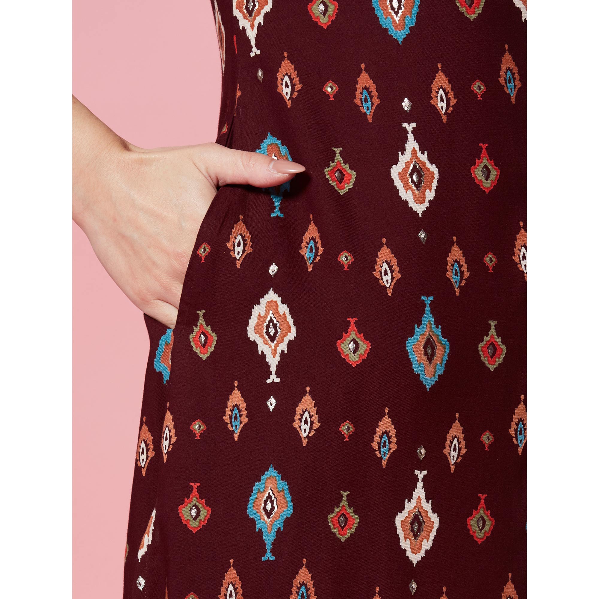 Maroon Ikkat Printed Rayon Straight Kurti