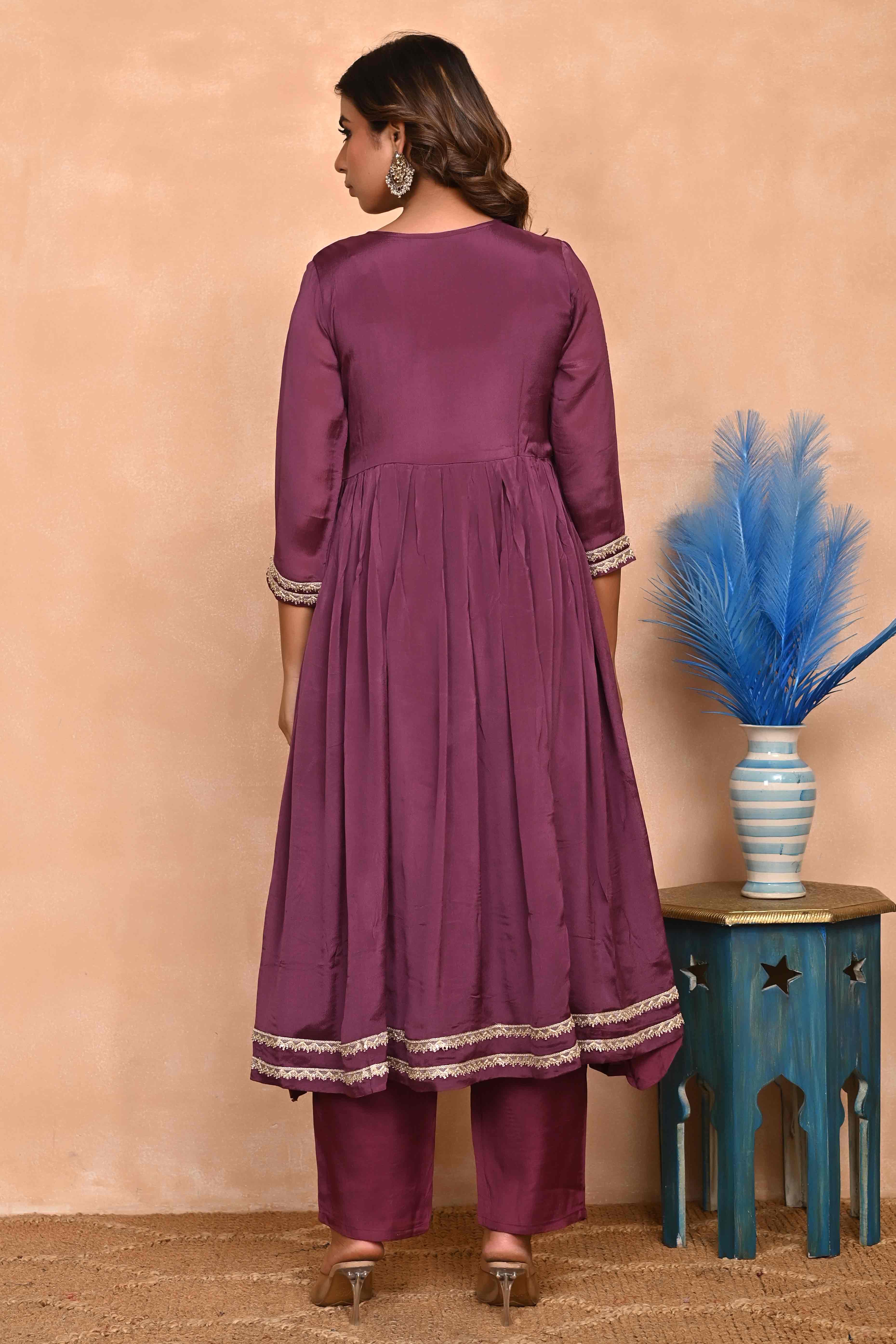 Plum Purple Chinon Anarkali with Floral Pattern & Hand-Beaded Embroidery