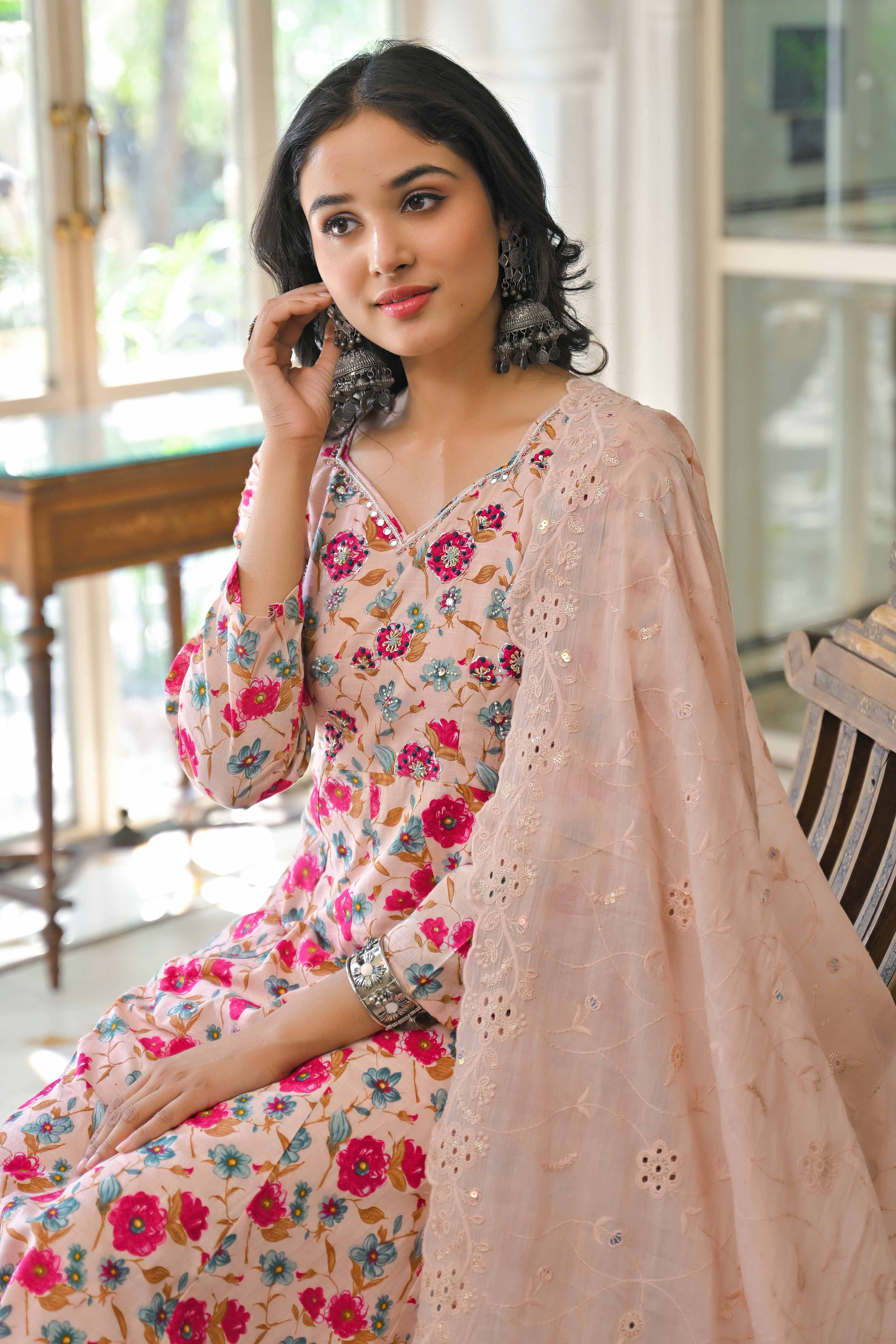 Light Pink Floral Printed Beads Work Pure Cotton Anarkali Salwar Suit