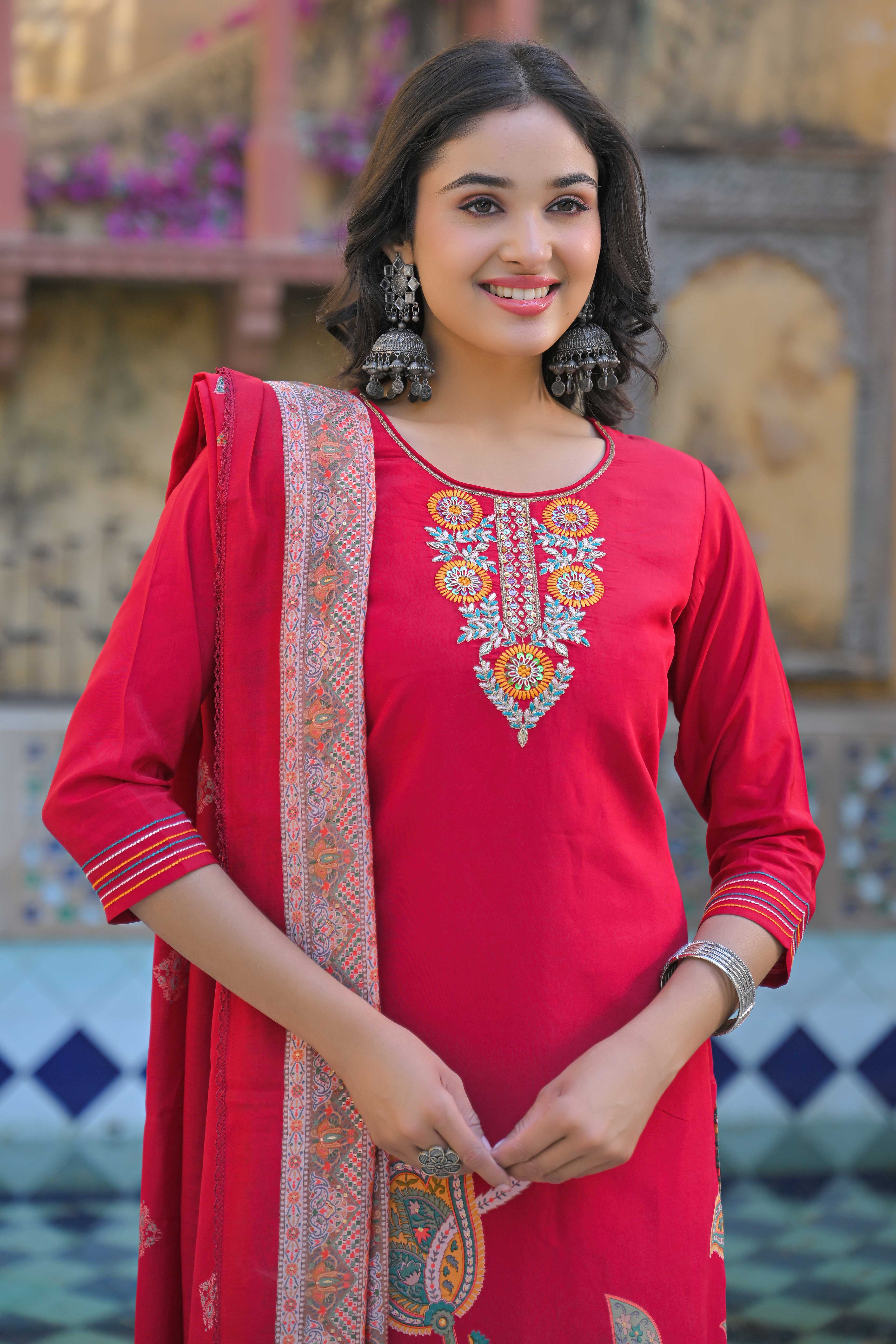 Pink Floral Handwork Embroidered Chanderi Silk Straight Salwar Suit