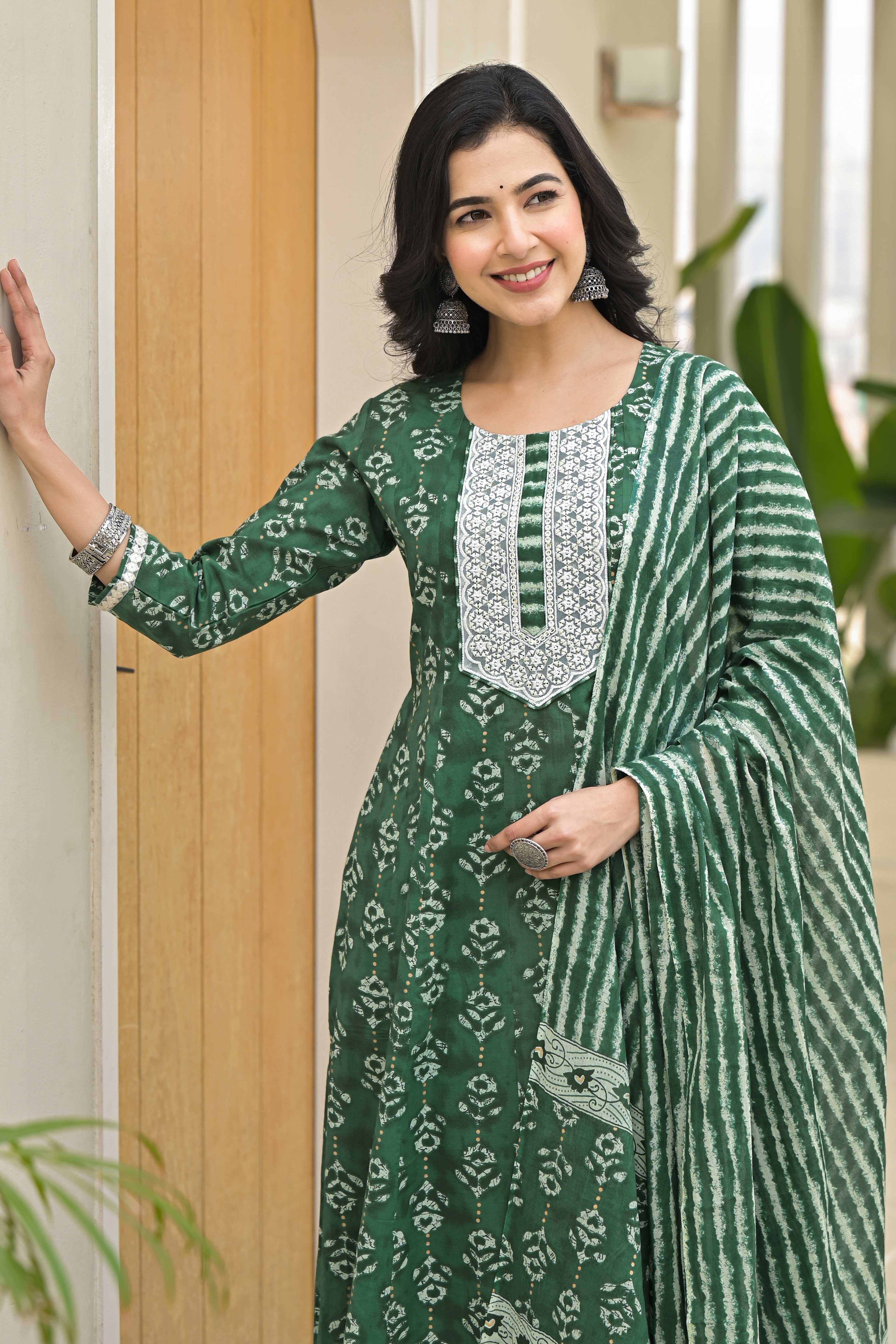 Green Floral Printed Pure Cotton Anarkali Salwar Suit