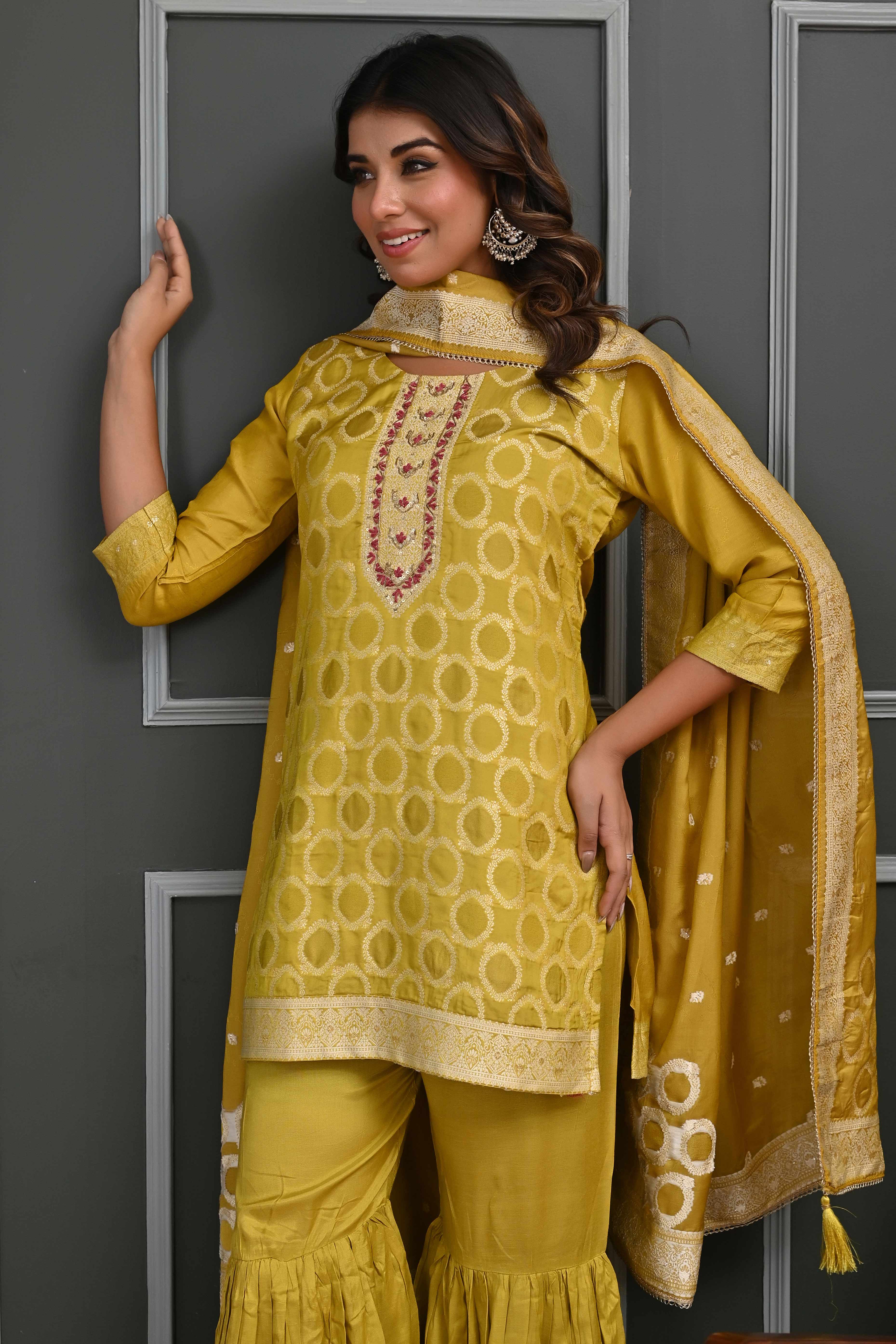 Vibrant Mustard Zari Weaving Cotton Silk Sharara Suit Ensemble