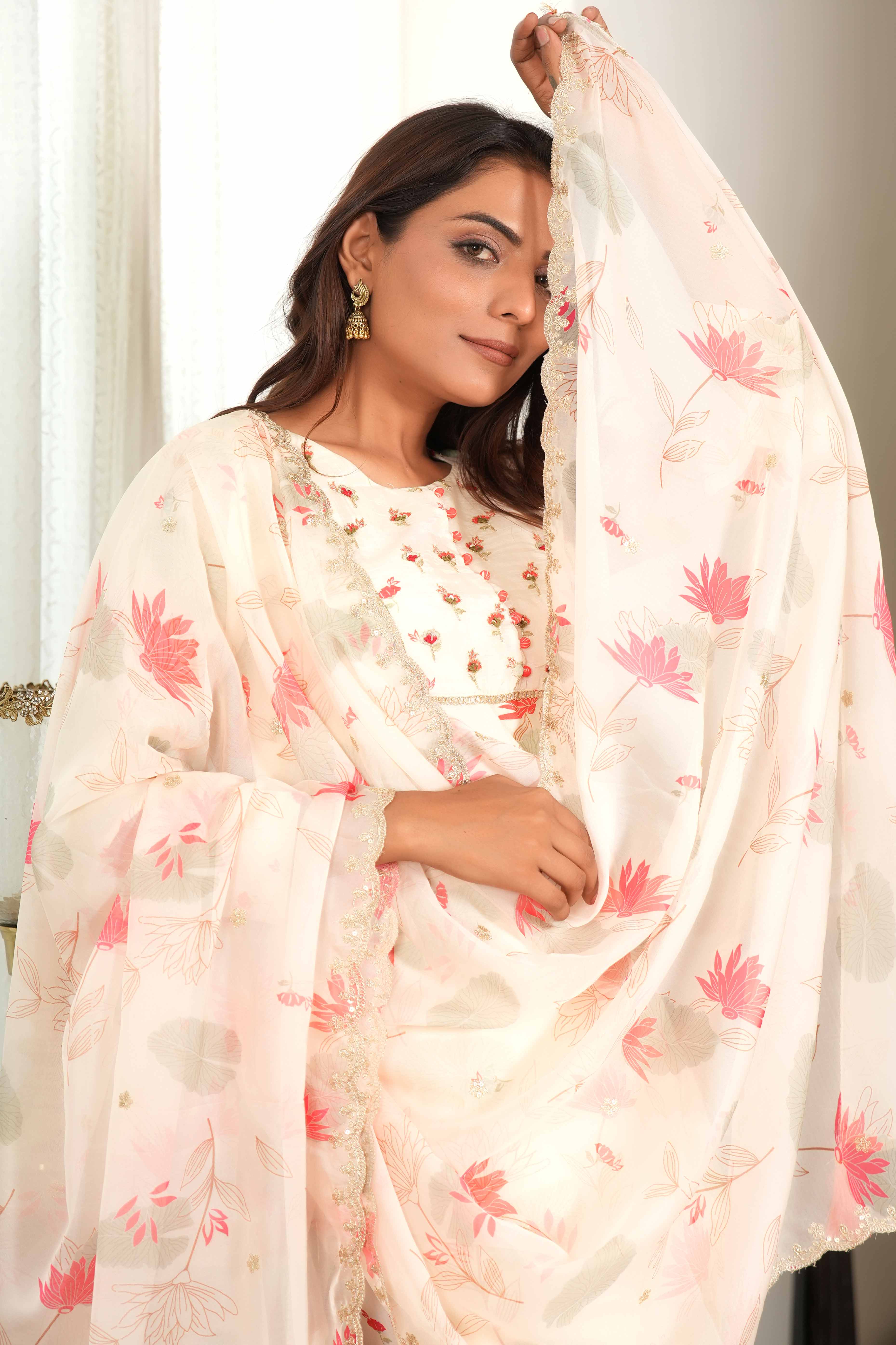 Cream Blossom Printed Florals with Flowy Muslin Sharara Bottom Set