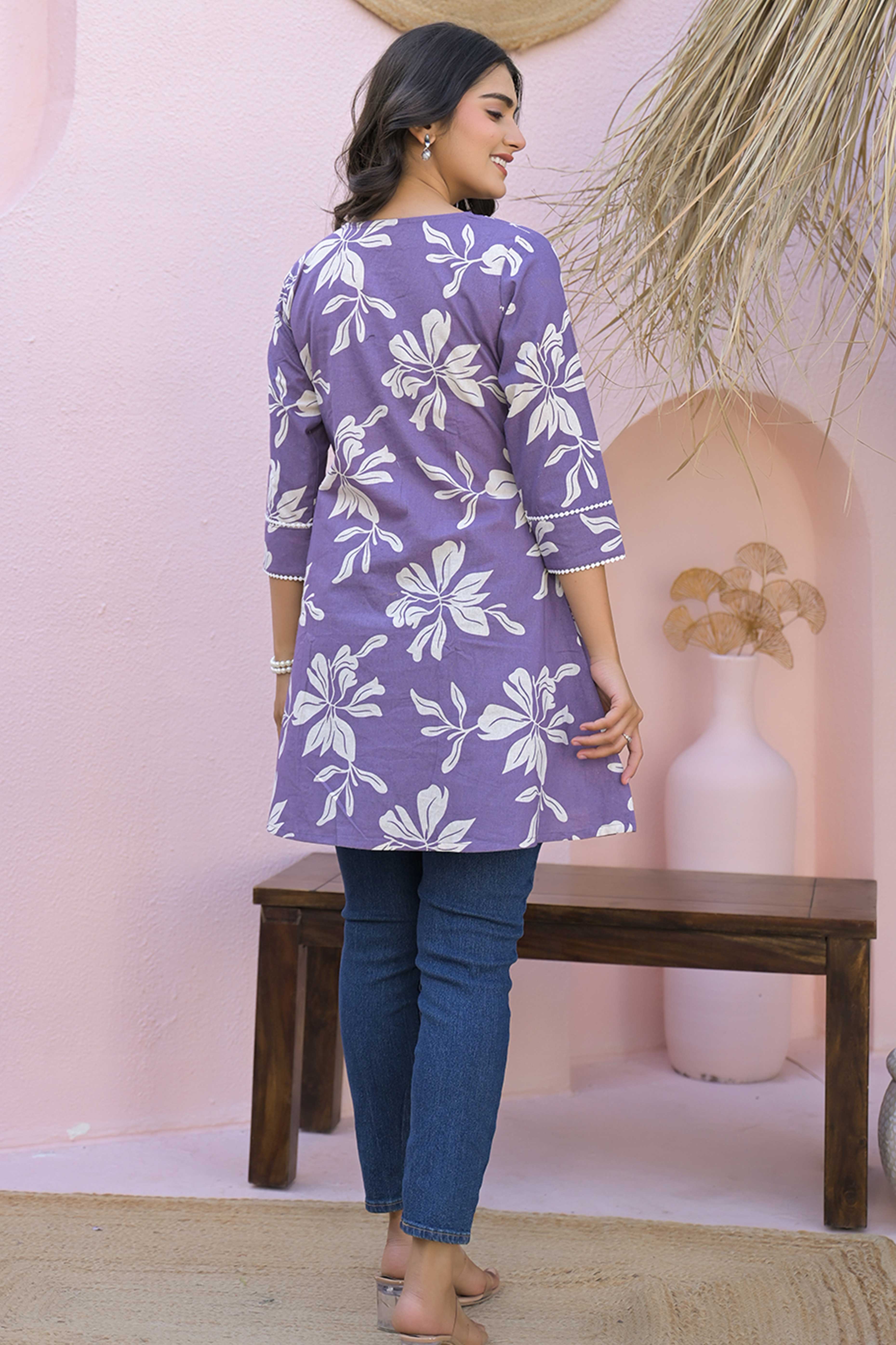 Purple Floral Printed Pure Cotton A-Line Top