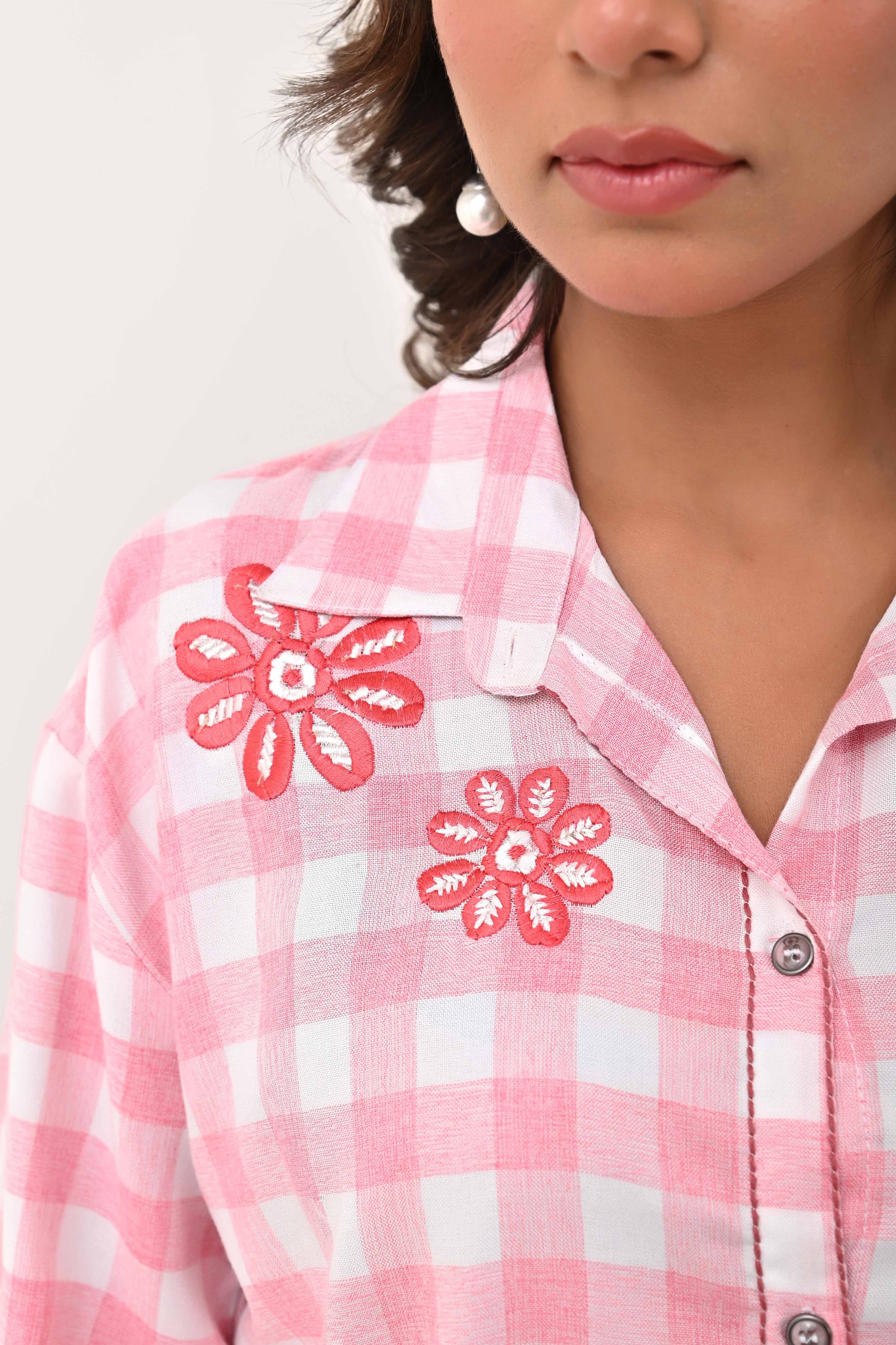 Pure Cotton Peach Top with All-Over Checks and Detailed Floral Embroidery